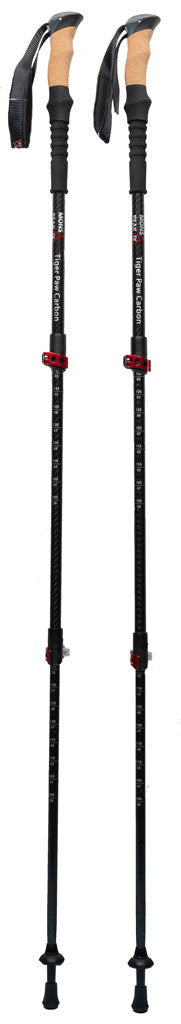 Backcountry Sportsman Tiger Paw Carbon Trekking Poles with ergonomic handles and adjustable shafts for hiking and trail trekking.