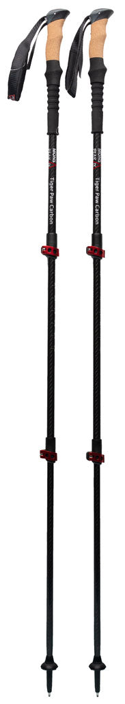 Backcountry Sportsman Tiger Paw Carbon Trekking Poles with ergonomic grips and adjustable shafts for hiking stability.
