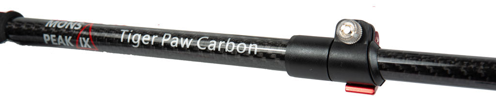 Backcountry Sportsman Tiger Paw Carbon Trekking Poles for hiking, showing black and red poles with ergonomic grips.