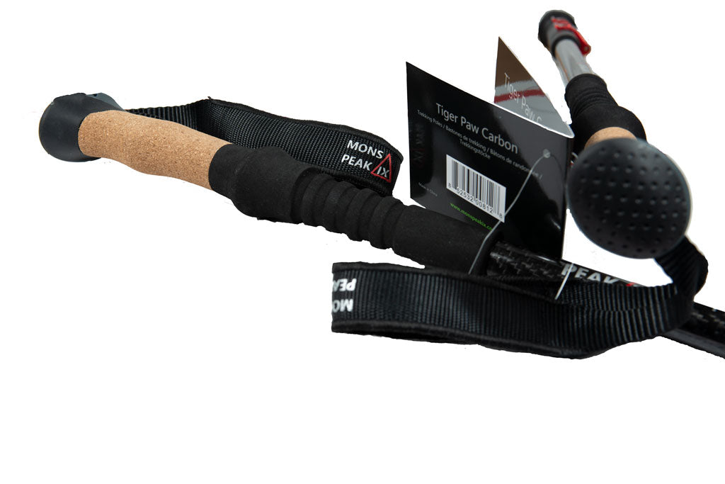 Backcountry Sportsman Tiger Paw Carbon Trekking Poles with ergonomic handles and adjustable length for hiking and trekking.