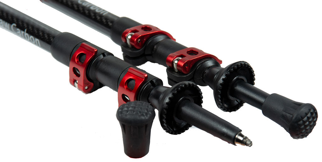 Backcountry Sportsman Tiger Paw Carbon Trekking Poles for hiking, showing the lightweight design and ergonomic grip in outdoor setting.