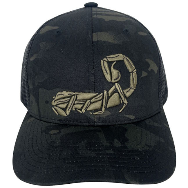 HCC Tactical Scorpion Trucker Hat with front logo and mesh back, casual outdoor headwear for men.