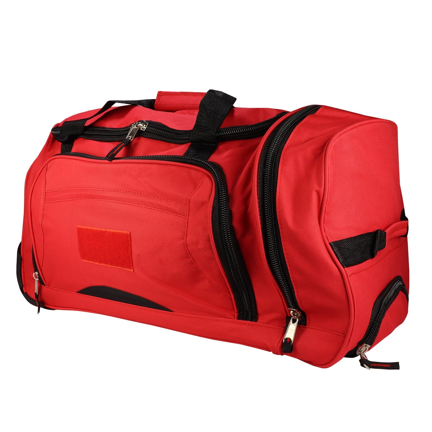 Durable rolling duffel bag with multiple pockets, 600D fabric, wheeled design, and telescoping handle for easy travel.