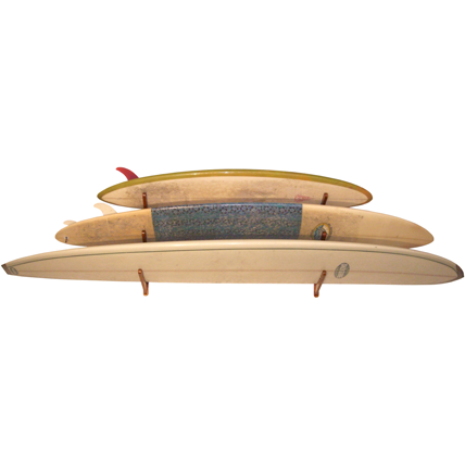 COR Surf triple bamboo surfboard wall rack holding multiple longboards, ideal for surf, wakeboards, snowboards, and skateboards.