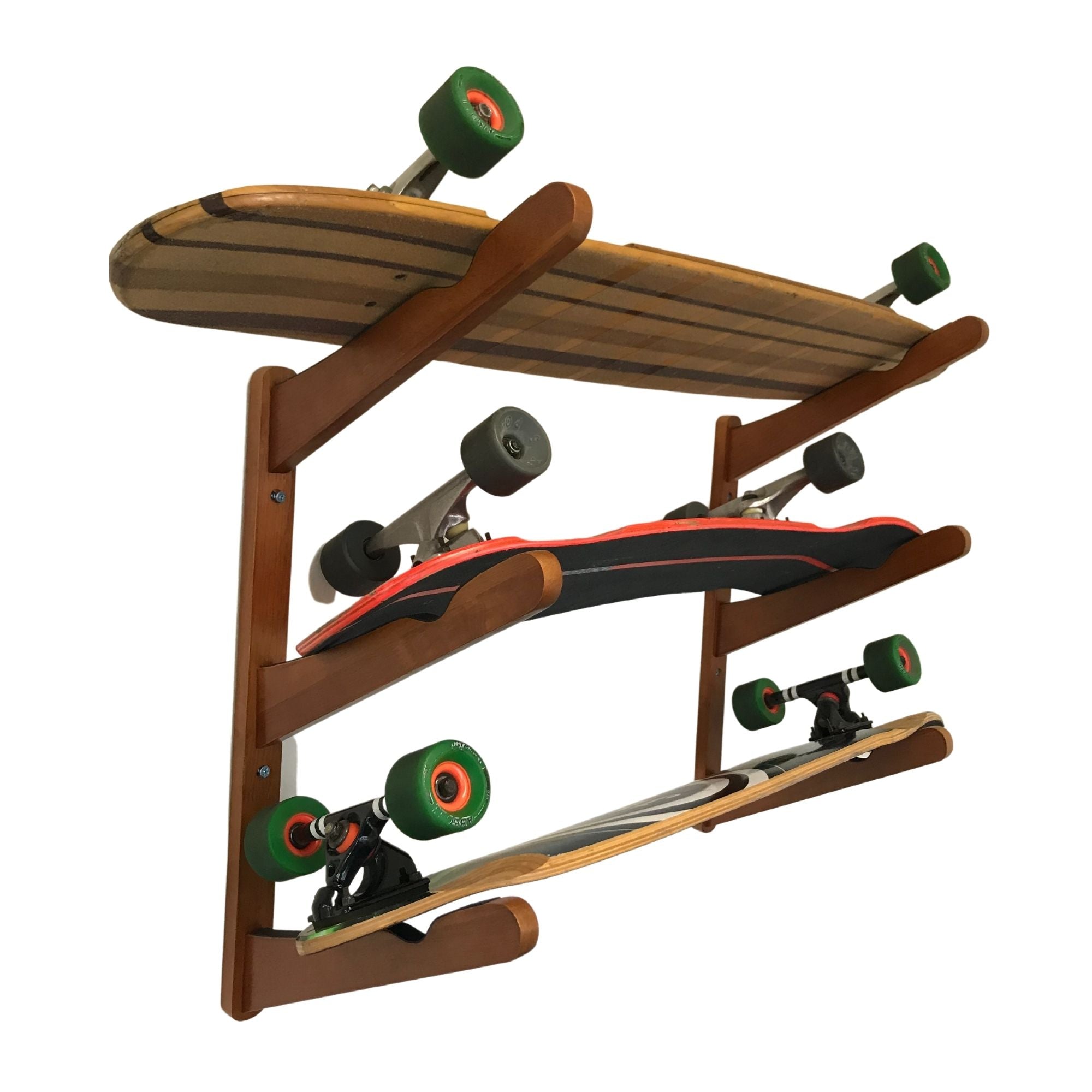Dark bamboo triple surfboard wall rack by COR Surf holding surfboards, wakeboards, snowboards, and skateboards for organized storage.