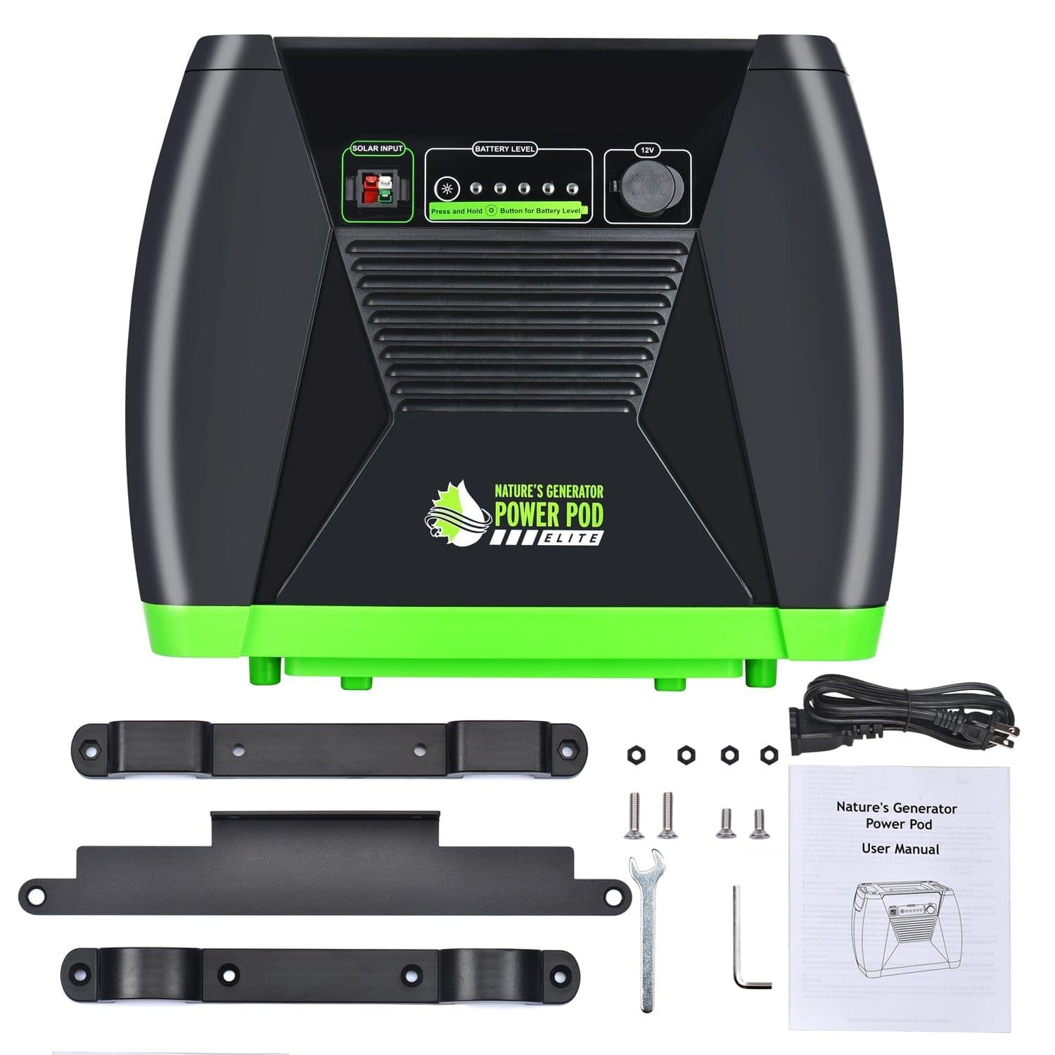 Nature's Generator Elite Power Pod accessory showing compact portable power storage device with multiple charging ports.