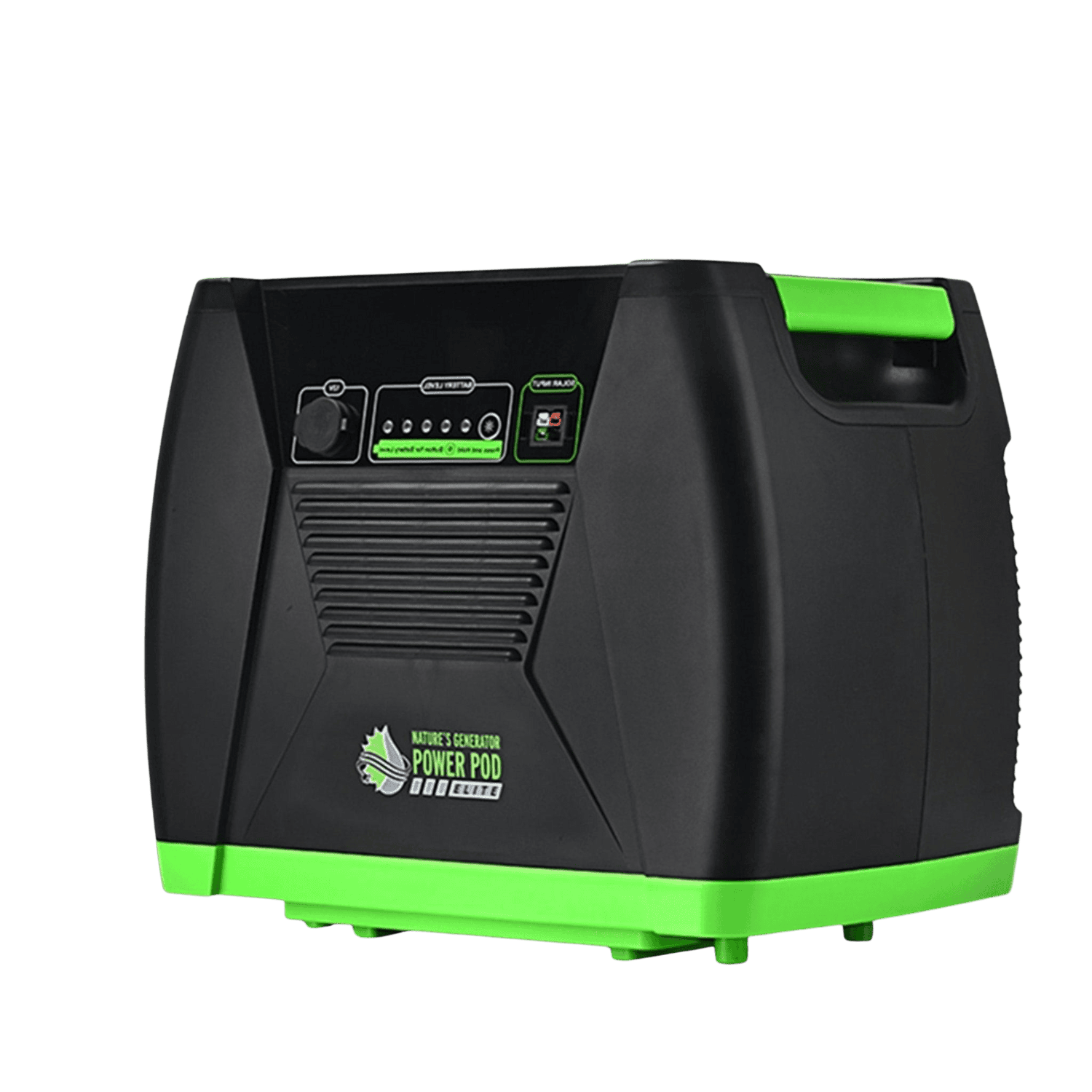 Nature's Generator Elite Power Pod accessory shown in black with ports for charging and power output, designed for portable energy solutions.