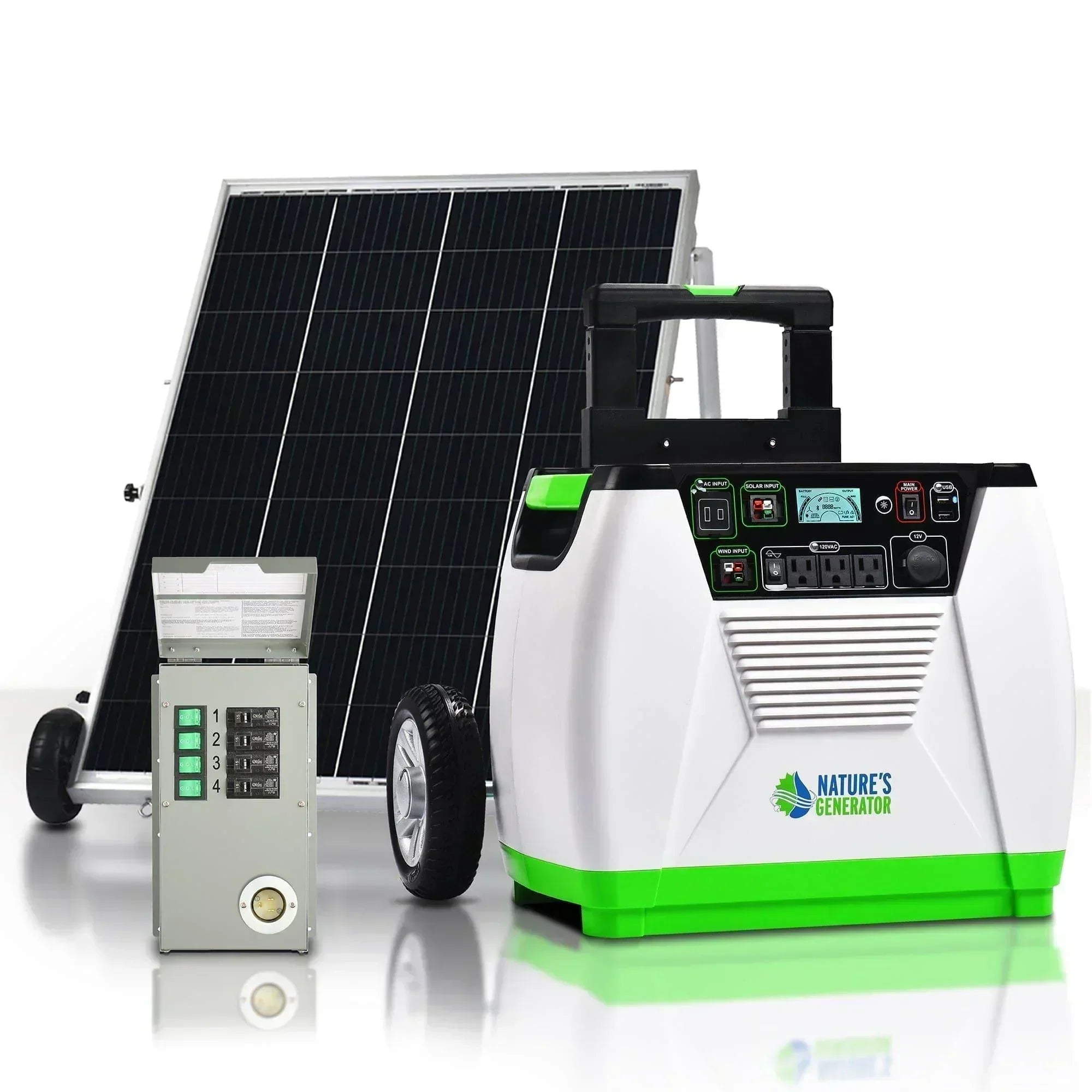 Green Vista Living Nature's Generator Gold PE System, portable solar-powered generator with multiple outlets and compact design.