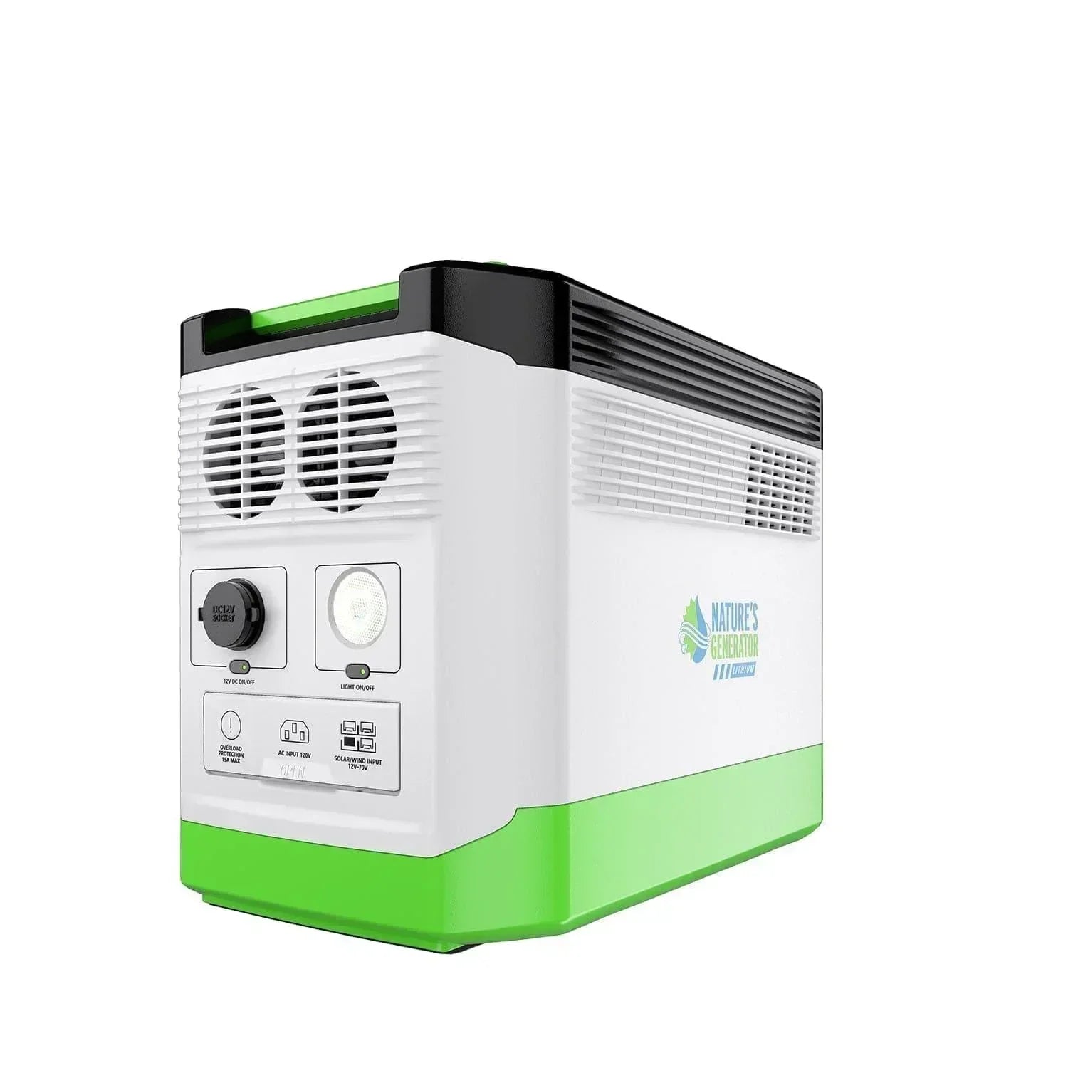 Green Vista Living Nature's Generator Lithium 1800 Power Station showing its compact design and control panel.