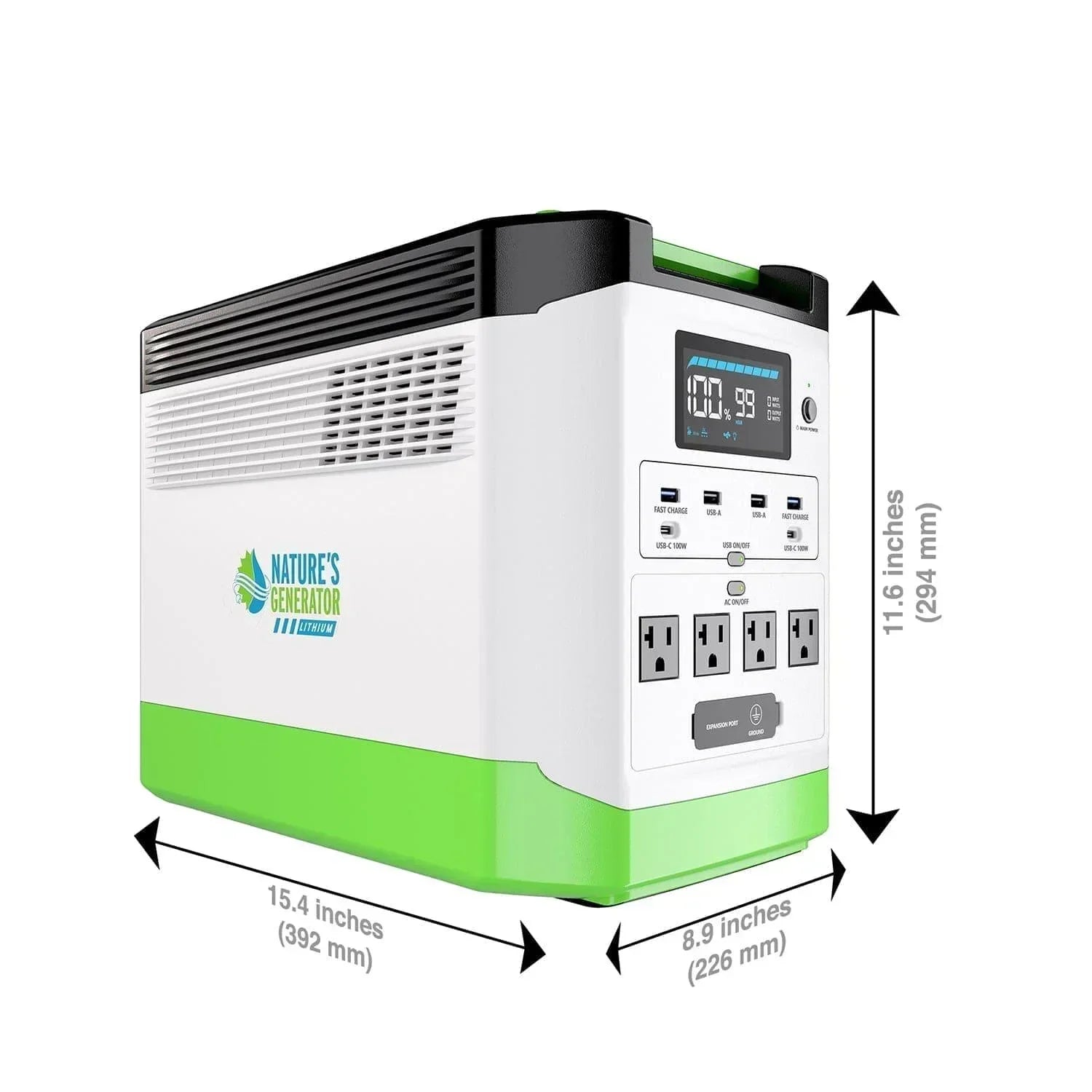 Green Vista Living Nature's Generator Lithium 1800 power station with multiple outlets and digital display for portable energy storage.