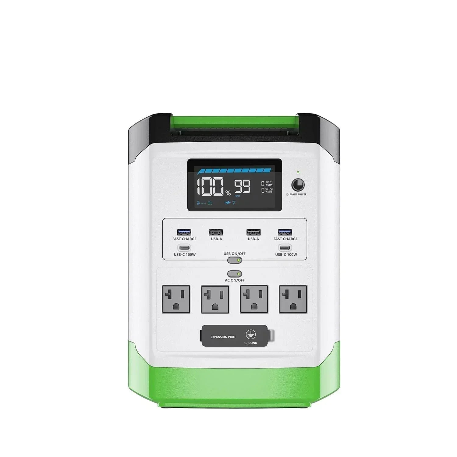 Green Vista Living Nature's Generator Lithium 1800 power station with multiple ports and digital display on a neutral background.