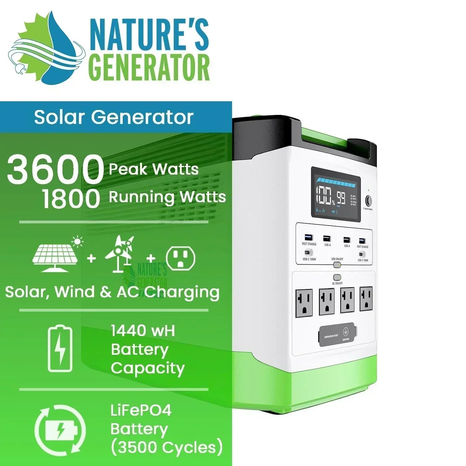 Green Vista Living Nature's Generator Lithium 1800 power station with digital display and multiple outlet ports for portable energy.