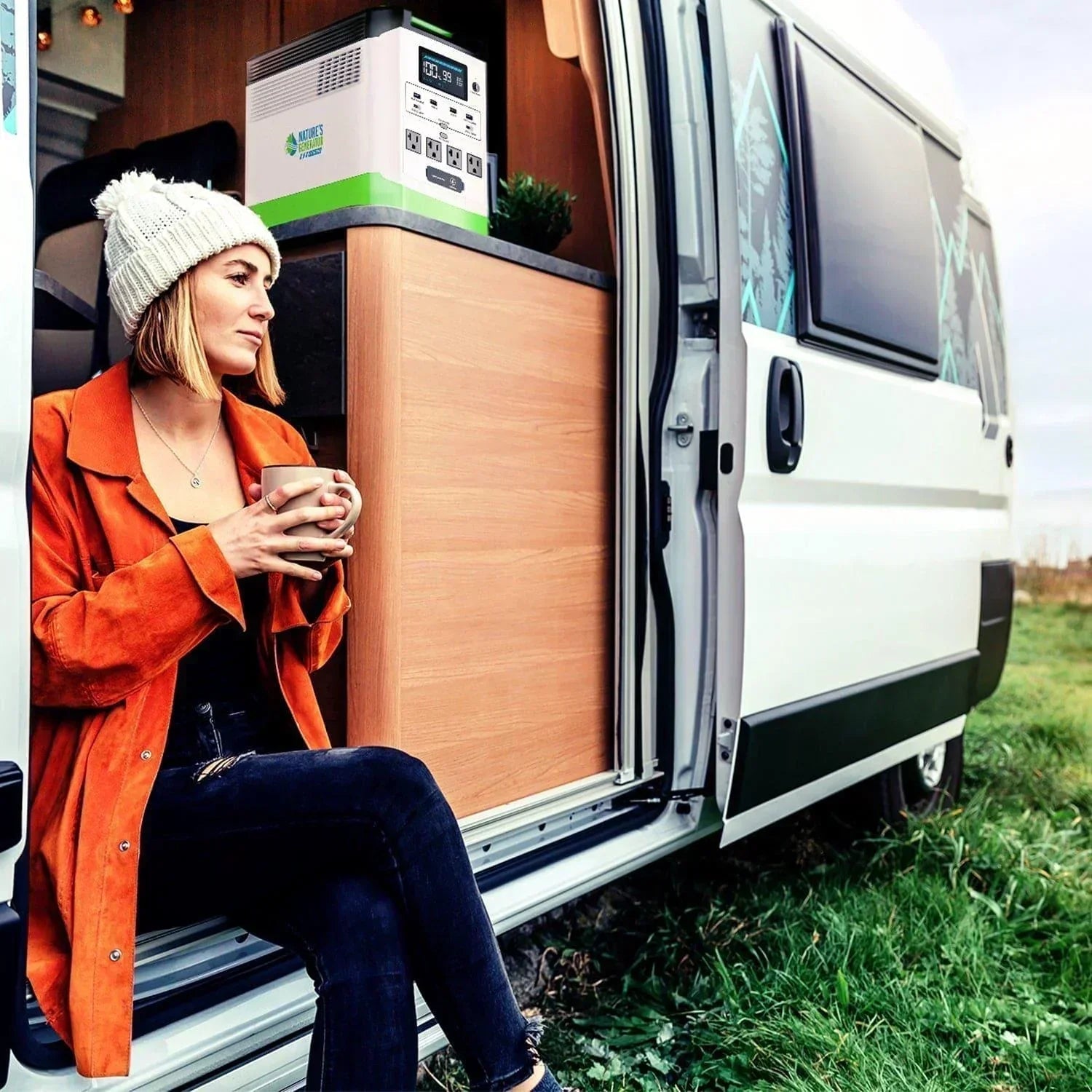 Green Vista Living Nature's Generator Lithium 1800 Gold portable generator with digital display and multiple outlets.