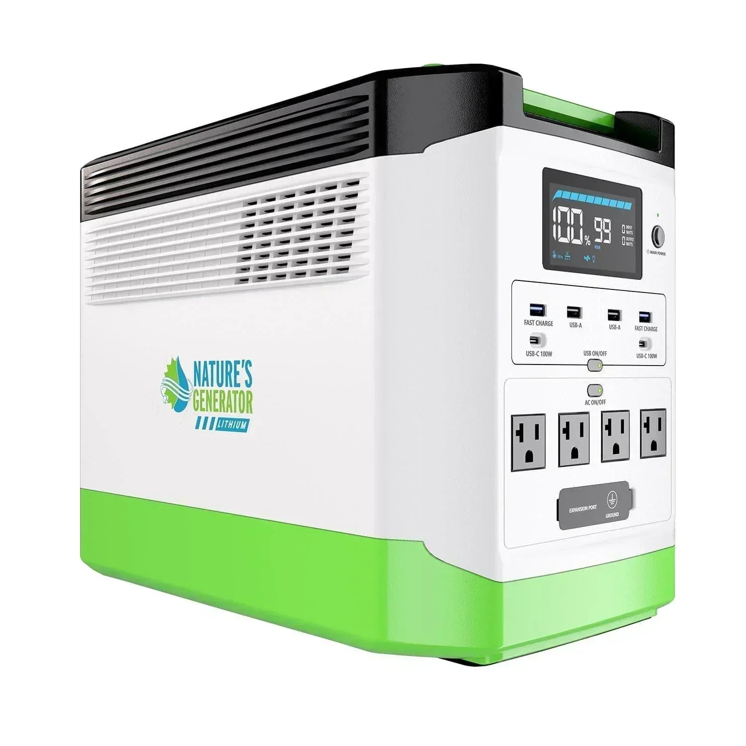 Green Vista Living Nature's Generator Lithium 1800 Gold portable generator with digital display and multiple outlets.