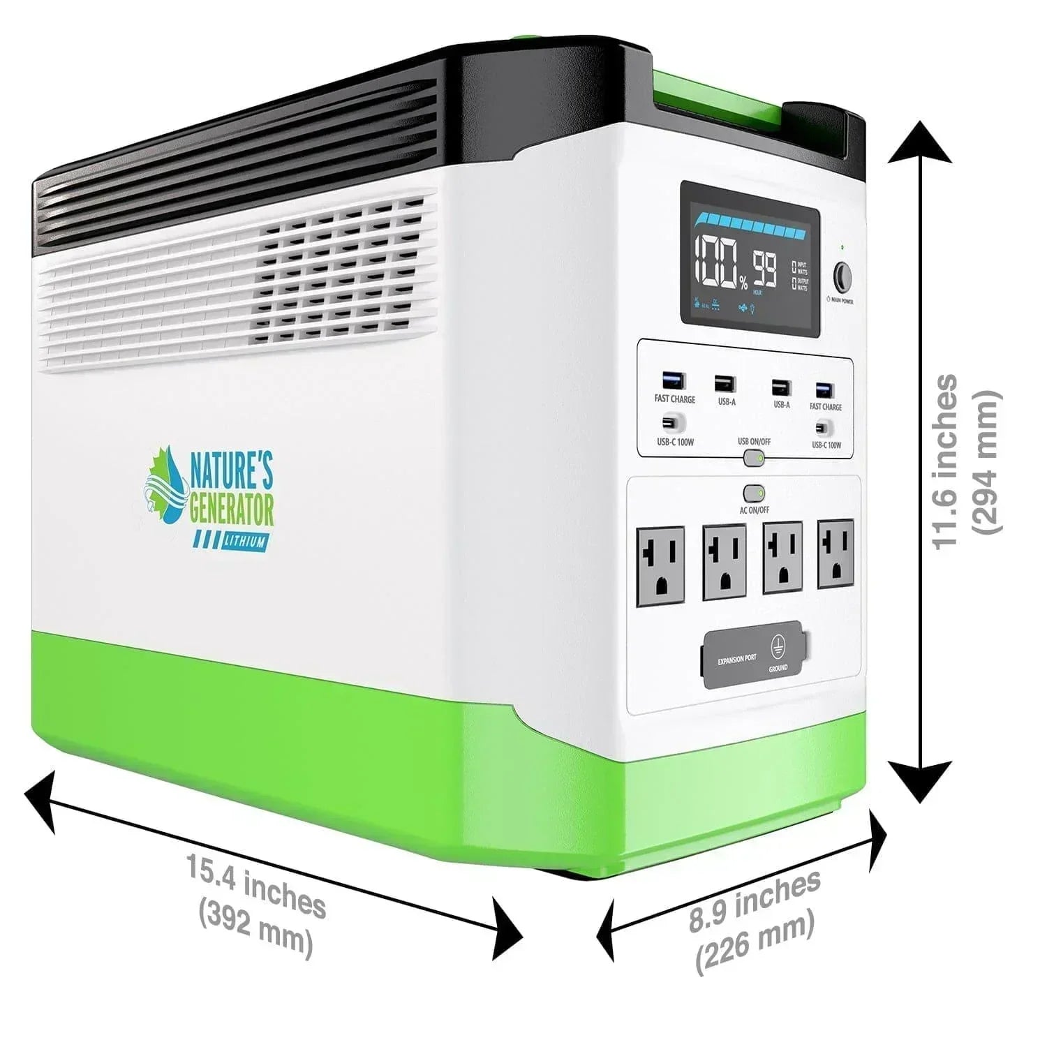 Green Vista Living Nature's Generator Lithium 1800 Gold portable generator with digital display and multiple outlets.