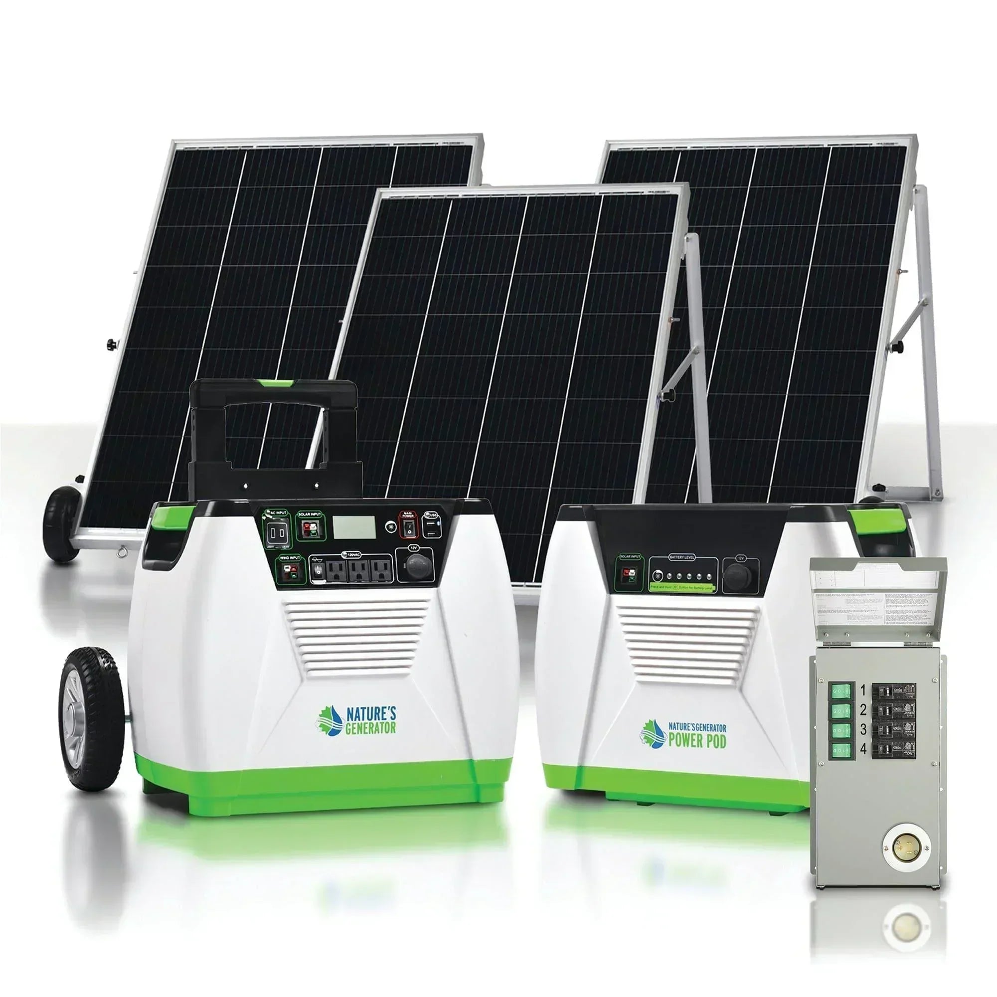 Green Vista Living Nature's Generator Platinum PE System, portable renewable energy generator with multiple outlets and control panel.