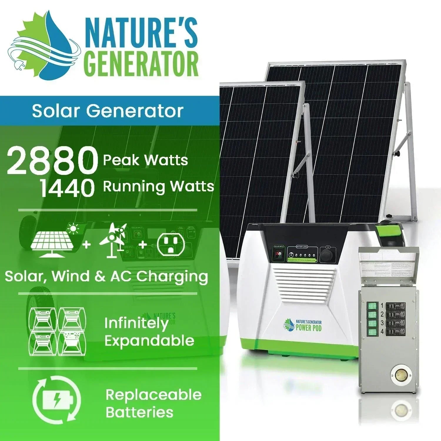 Green Vista Living Nature's Generator Platinum PE System, portable generator with multiple outlets and eco-friendly design.