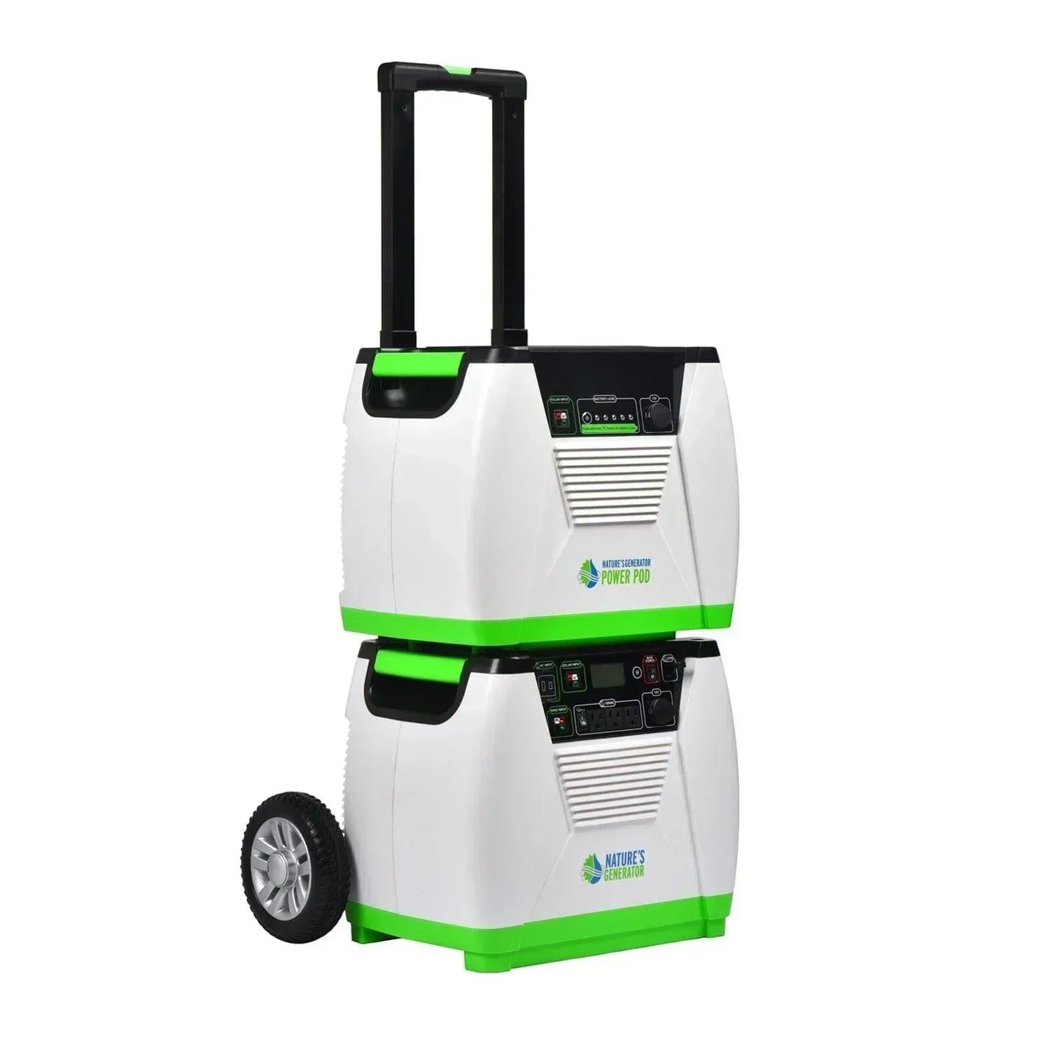 Green Vista Living Nature's Generator Platinum PE System, portable generator with solar compatibility, showing control panel and power outlets.