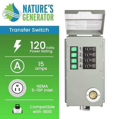 Nature's Generator 120V 15A 4-Circuit Non-Automatic Transfer Switch with clear wiring connections and sturdy design.
