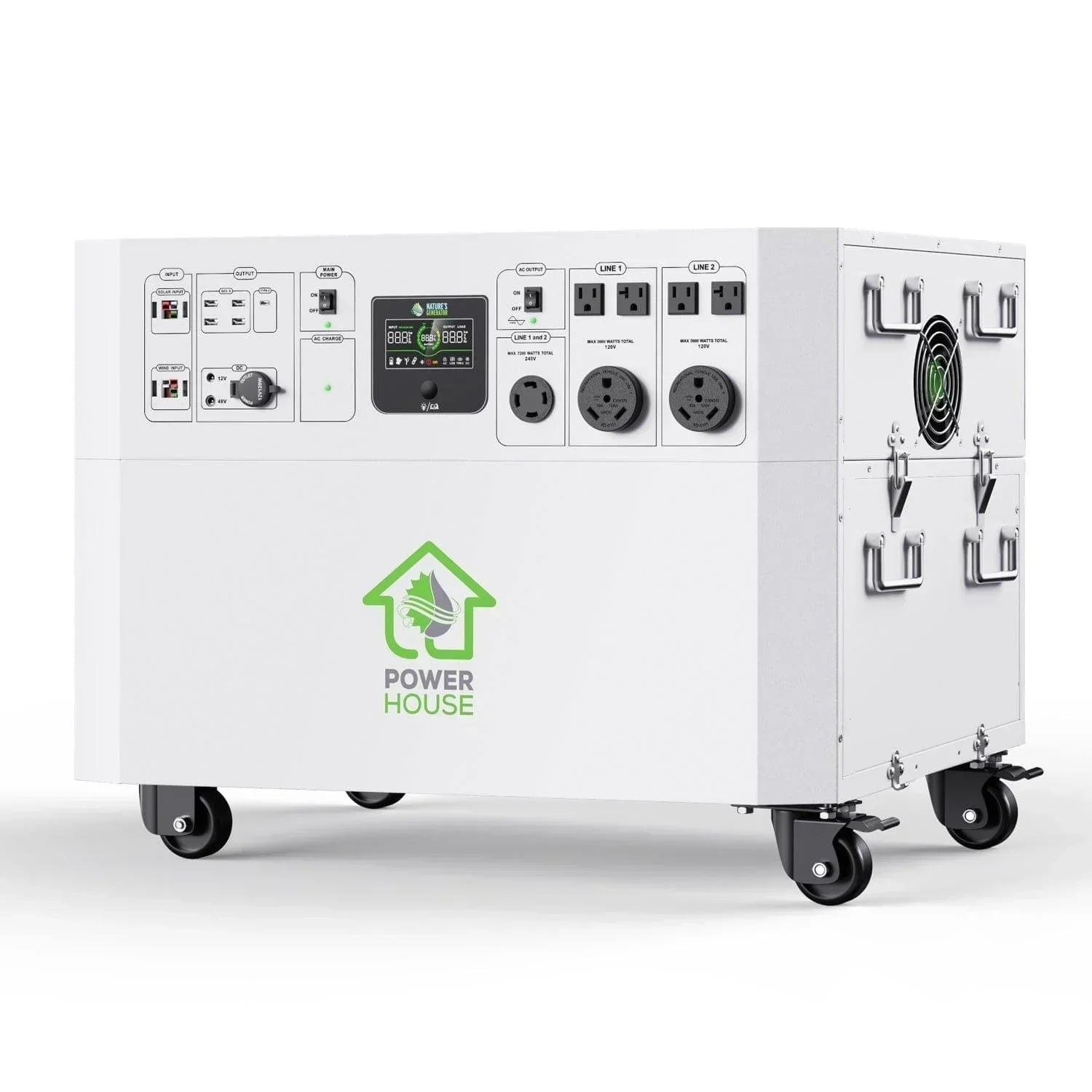 Green Vista Living Nature’s Generator Powerhouse Gold Plus PE system showing portable generator with control panel and power outlets.
