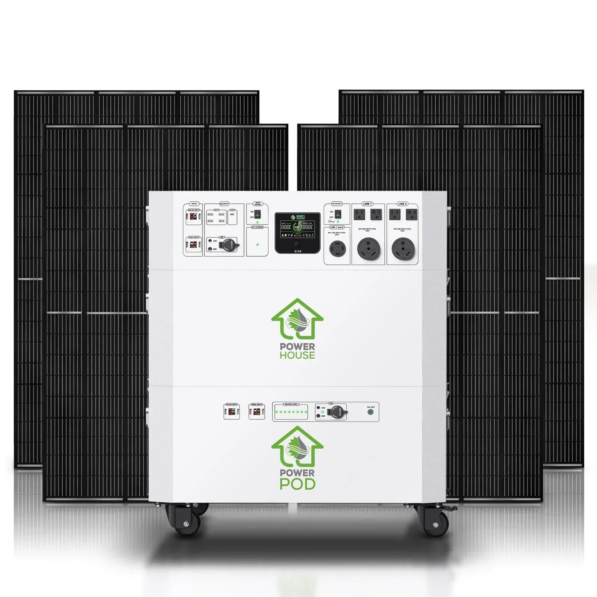 Green Vista Living Nature’s Generator Powerhouse Platinum System, portable generator with multiple outlets and digital display.