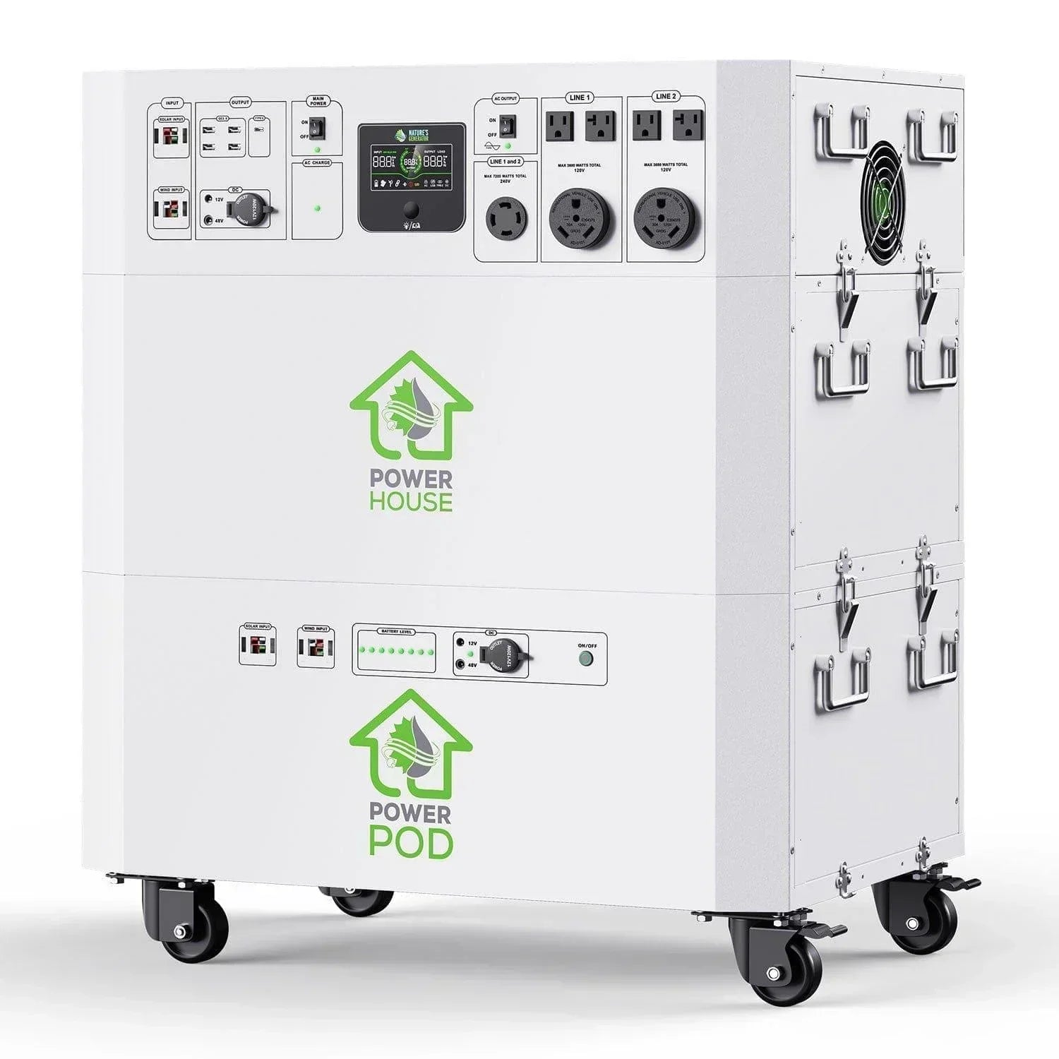 Green Vista Living Nature’s Generator Powerhouse Platinum System, portable generator with multiple outlets and large control panel.
