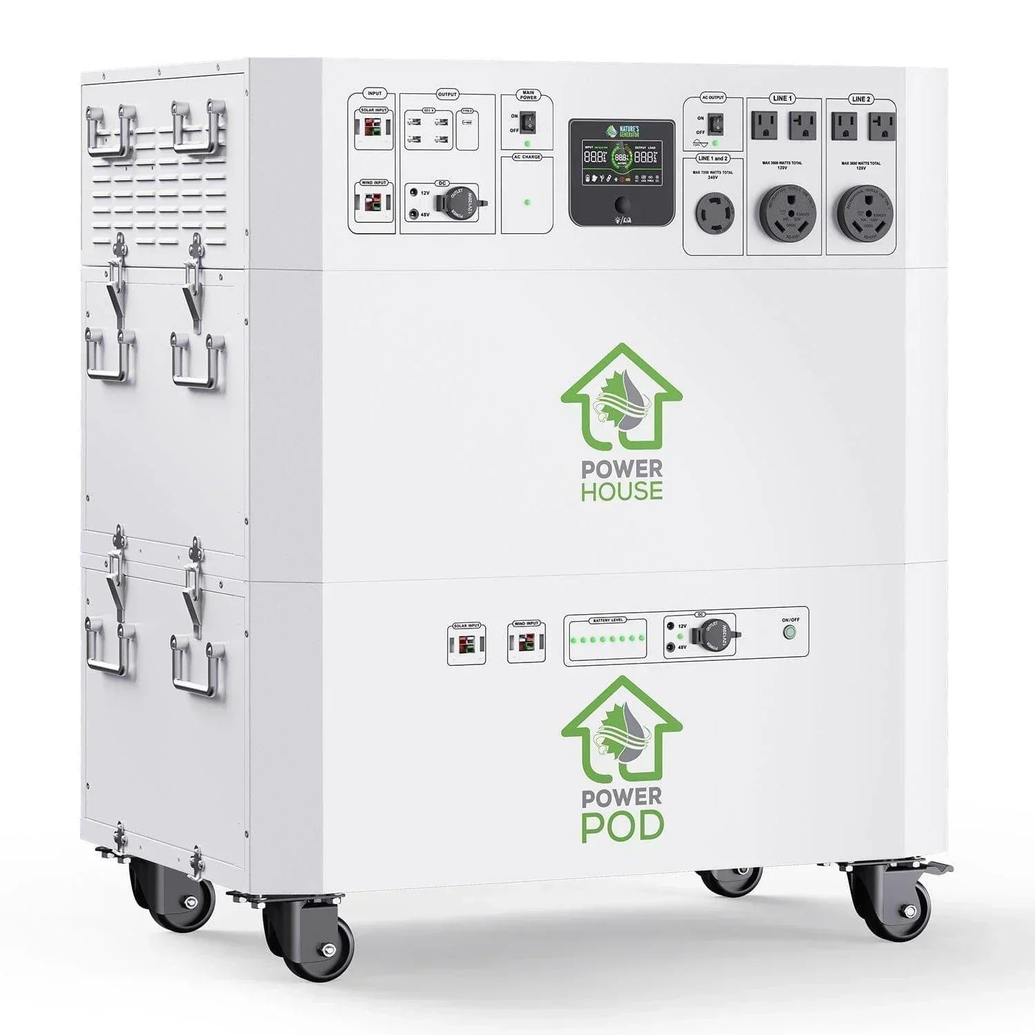 Green Vista Living Nature’s Generator Powerhouse Platinum System with multiple outlets and digital display for portable power.