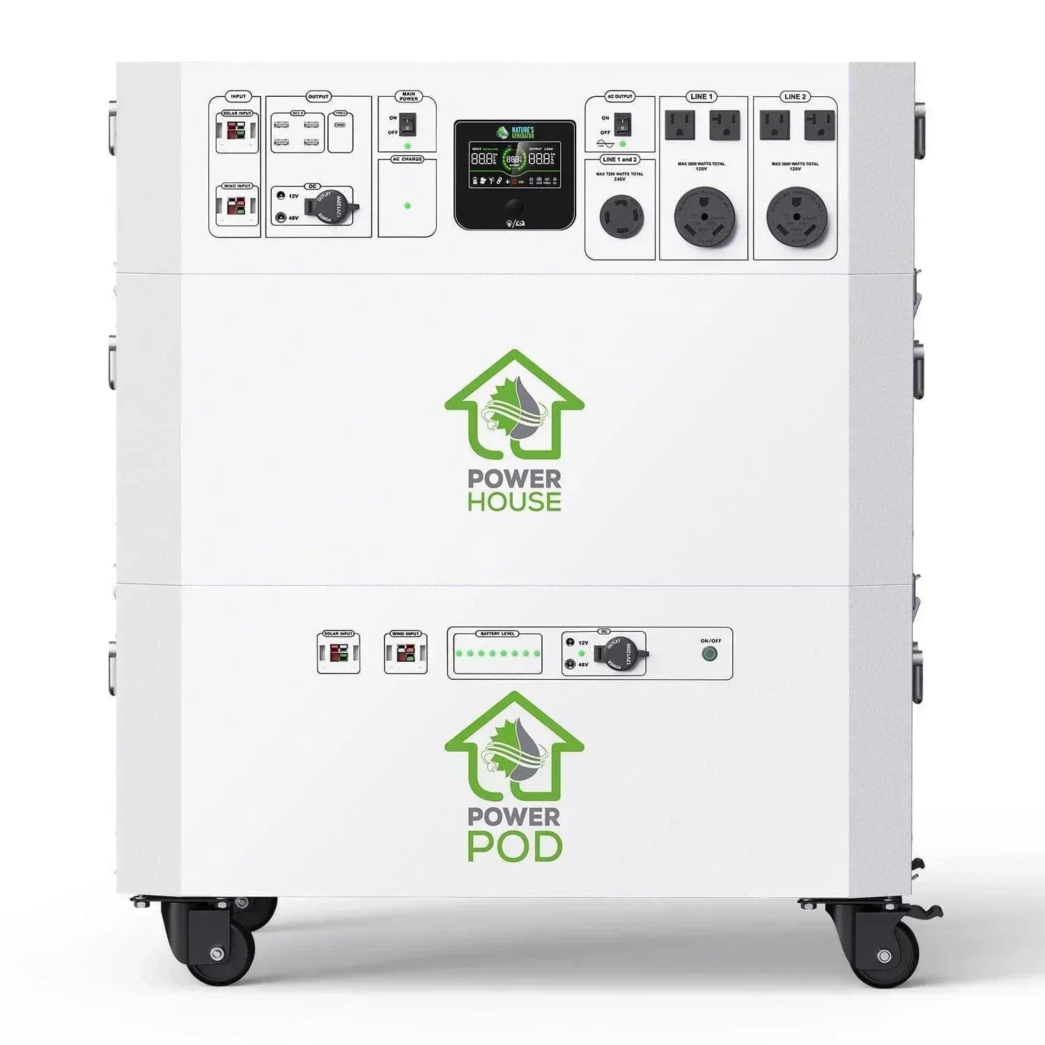 Green Vista Living Nature's Generator Powerhouse and Power Pod, portable generator with multiple outlets and digital display.