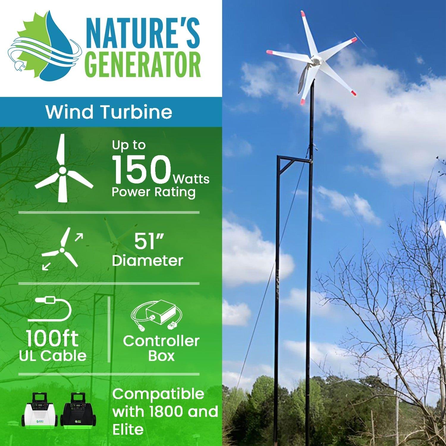 Nature's Generator 150W wind turbine for renewable energy, shown installed outdoors with blades spinning in the wind.