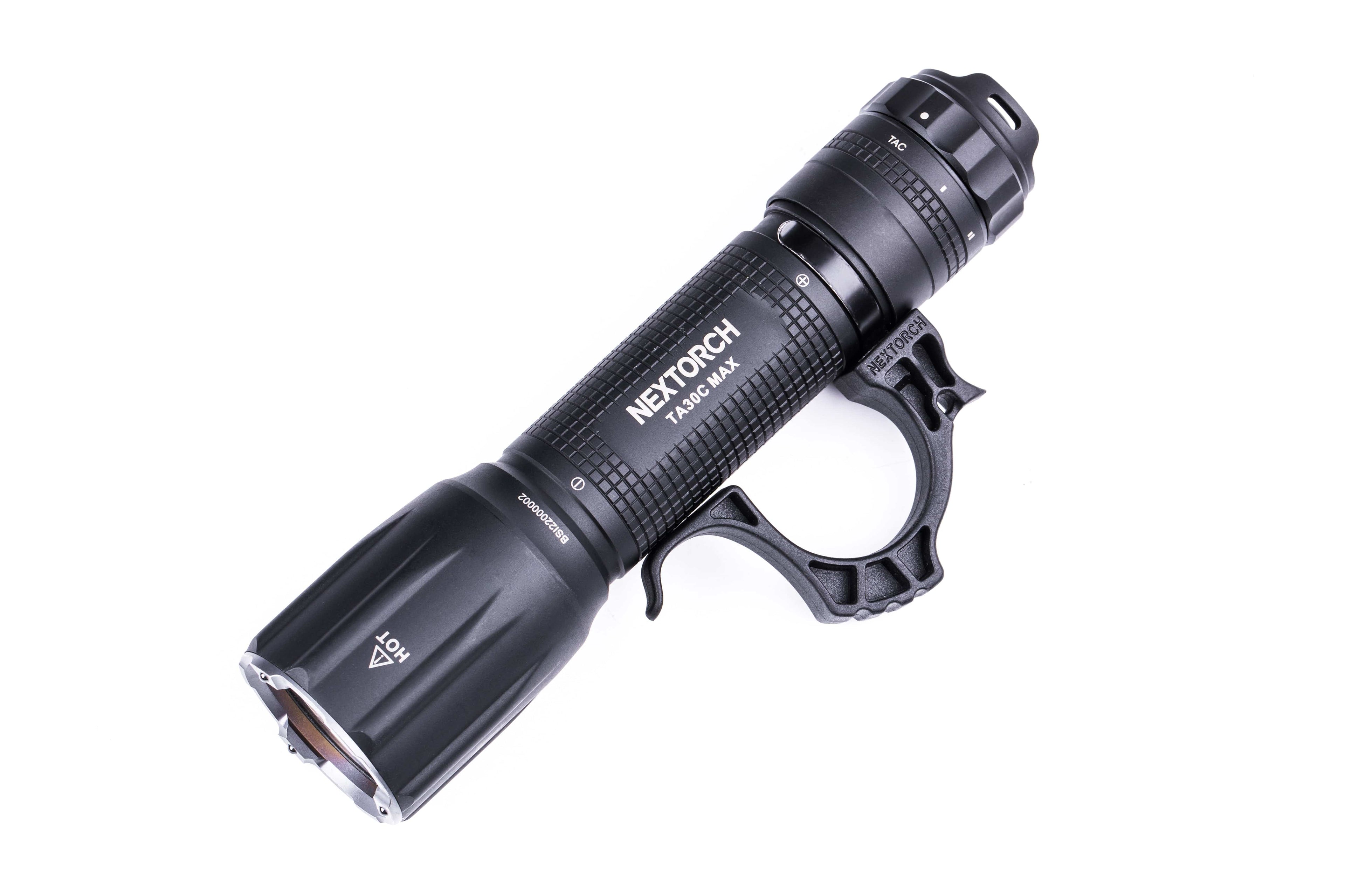 SFT2 Tactical TA30C Max Package mounted flashlight emitting 3000 lumens, showcasing tactical features and design.