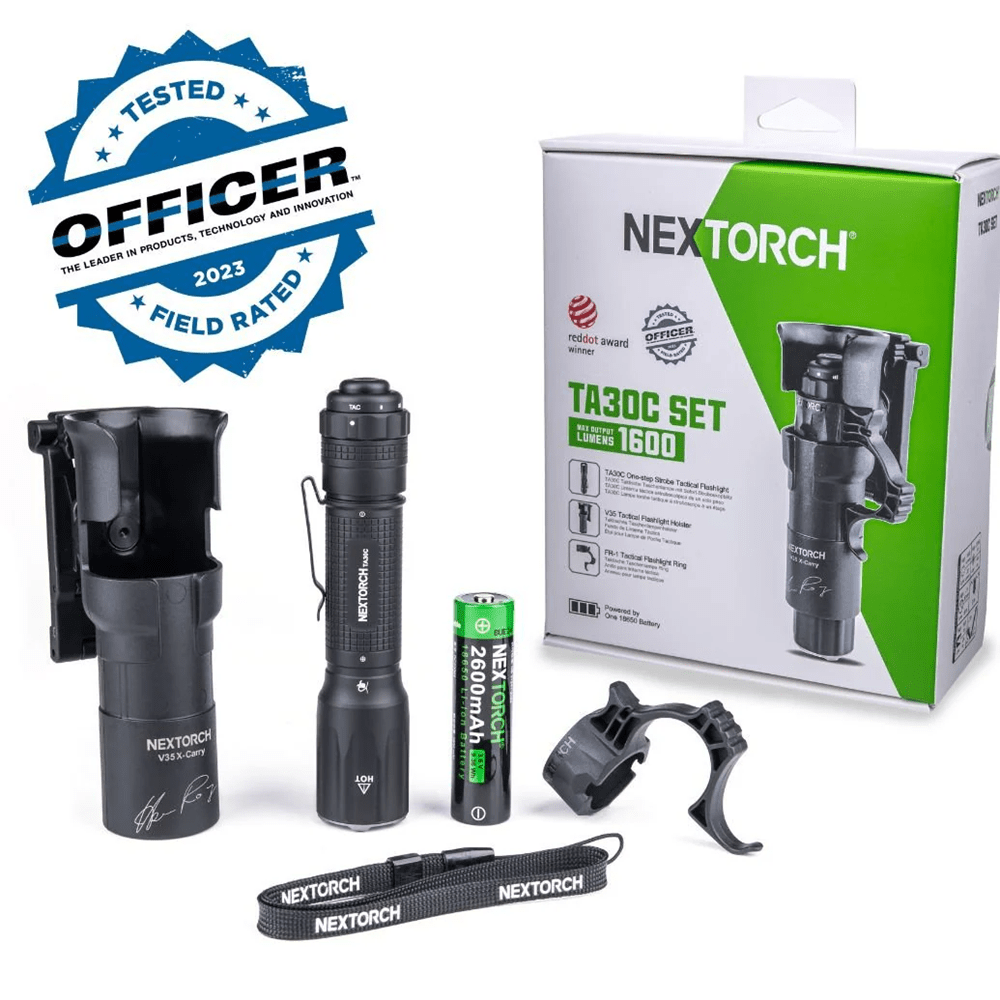 SFT2 Tactical TA30C flashlight package with mounted light, showcasing 1600 lumens brightness and tactical design.