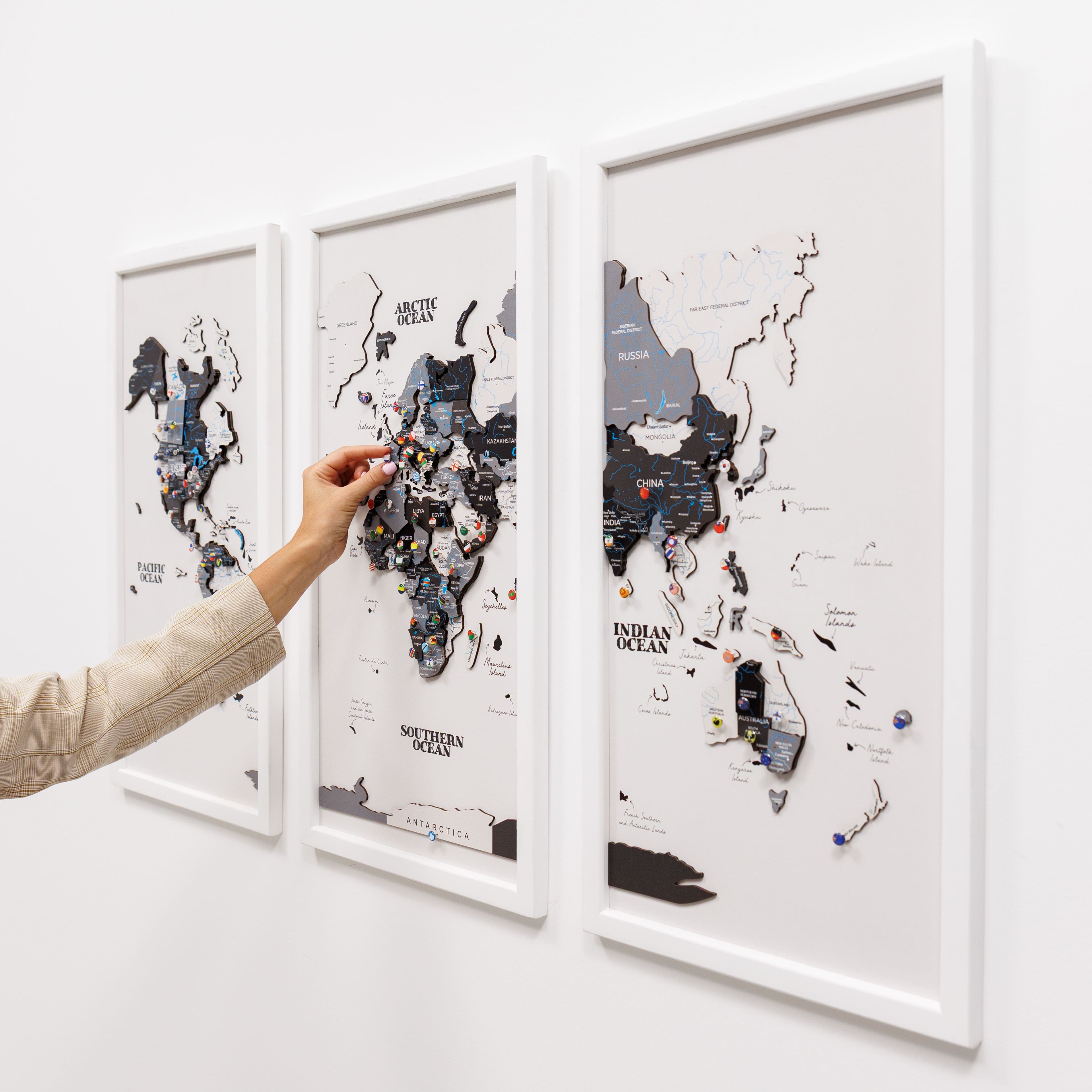 Wooden triptych wall art featuring a detailed Nordik world map, crafted by Enjoy The Wood.