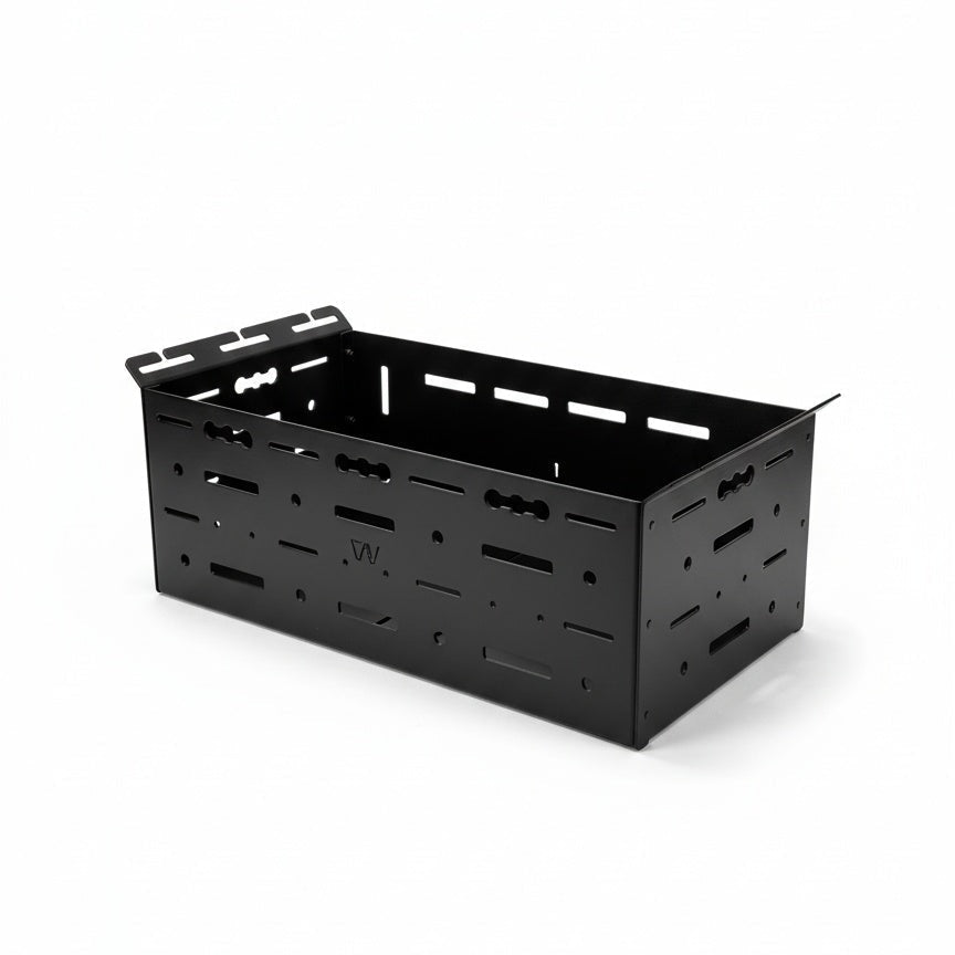 Rear door gear storage box from Canyon Adventure Vans, made in Utah, designed for organized outdoor gear in a van.