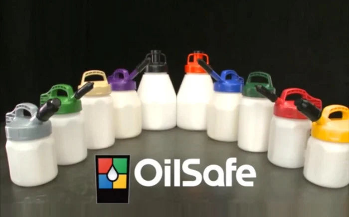 OilSafe Starter Kit with fluid transfer containers and lids, designed for automotive oil and fluid management by DRIVEN Racing Shop.