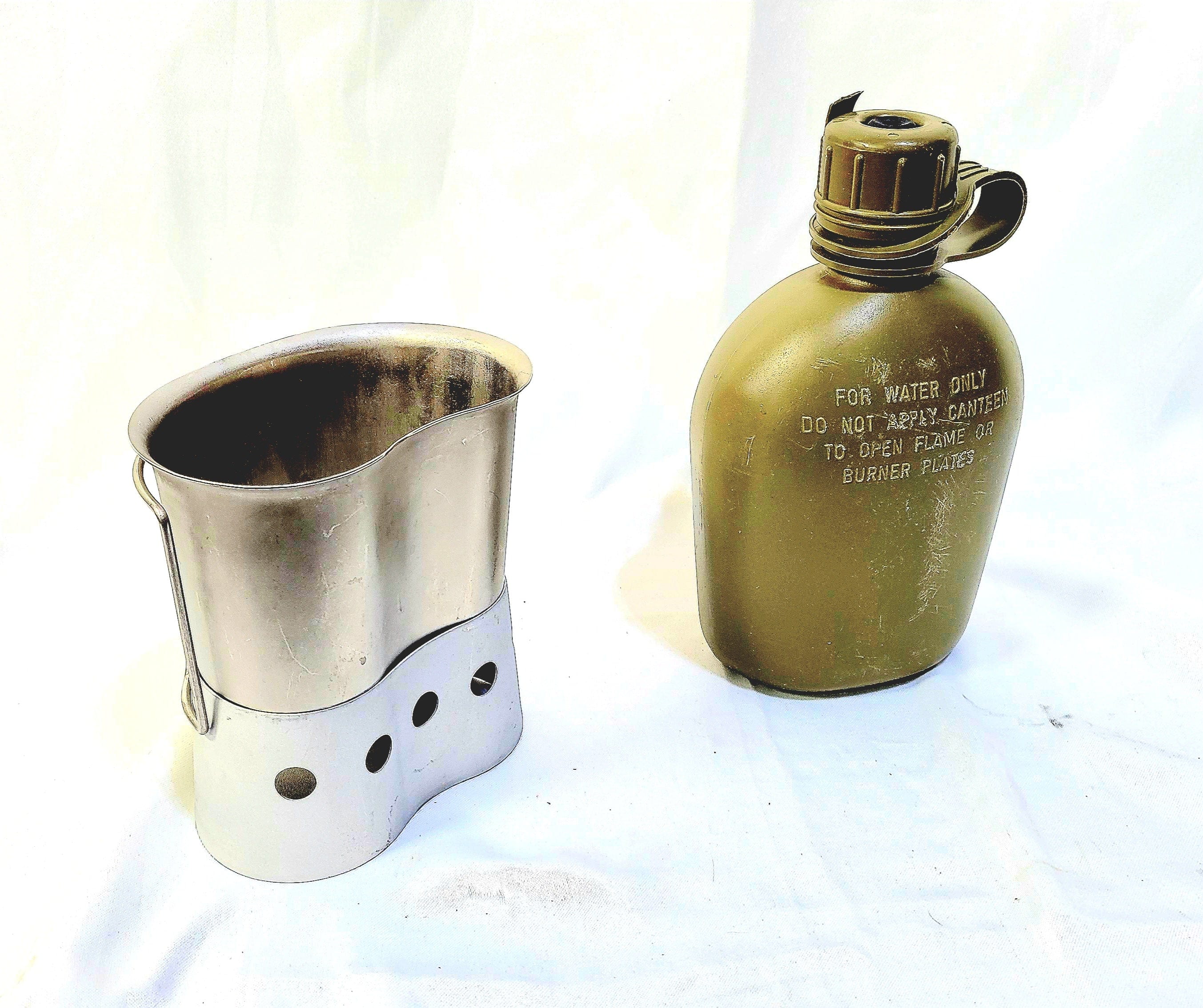 Onethiefsurplus 1 Qt Canteen with cup, canteen cup, and stove/stand package, showing the canteen and accessories ready for outdoor use.