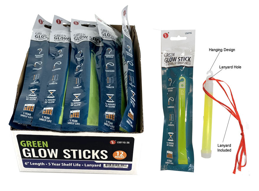 Six-inch green glow stick with lanyard from onethiefsurplus, lasting 12 hours, ideal for outdoor activities and nighttime events.