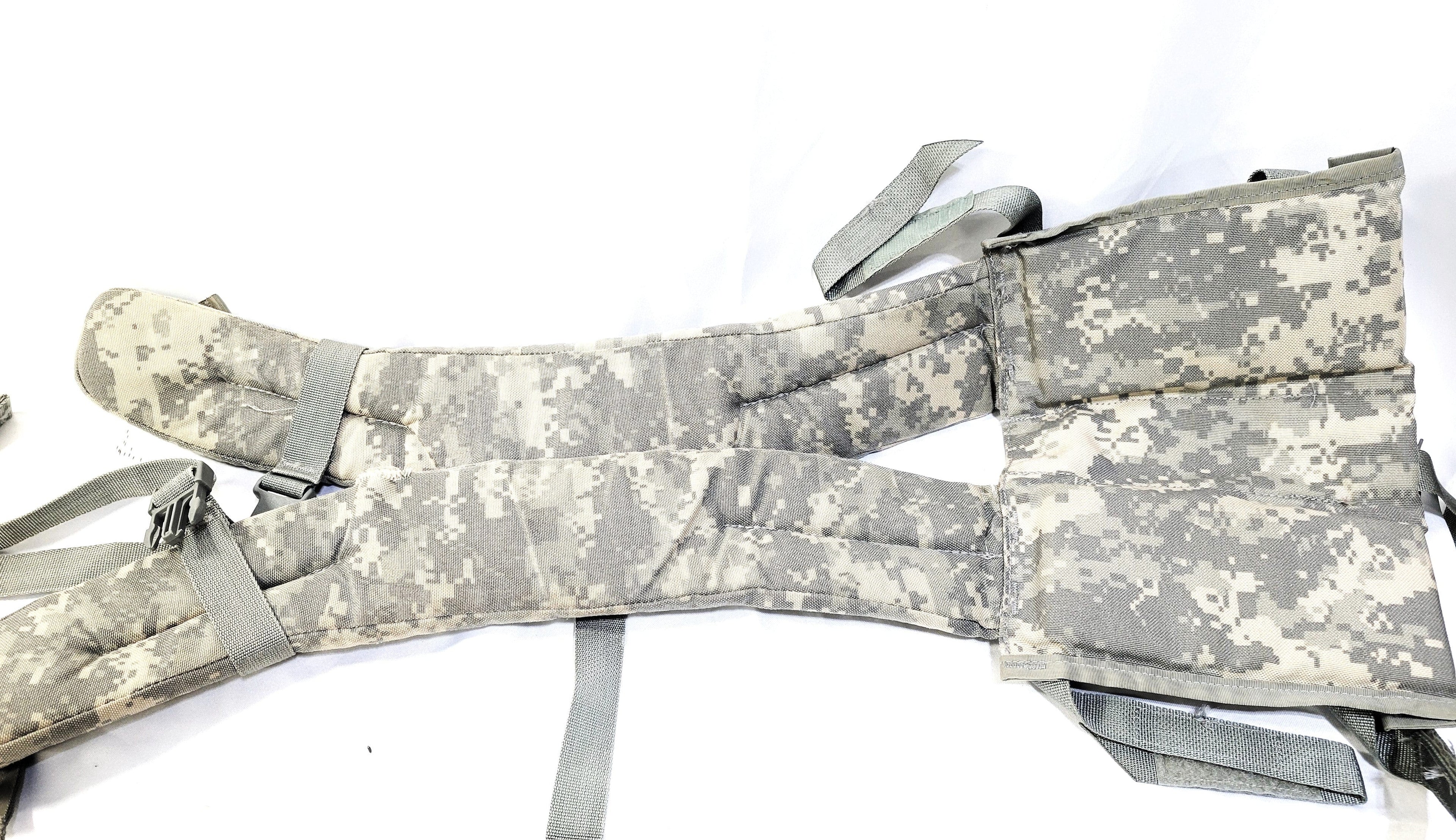 A pair of ACU MOLLE II Enhanced Frame Shoulder Straps Grade 2 with adjustable straps and MOLLE webbing, designed for military backpacks.