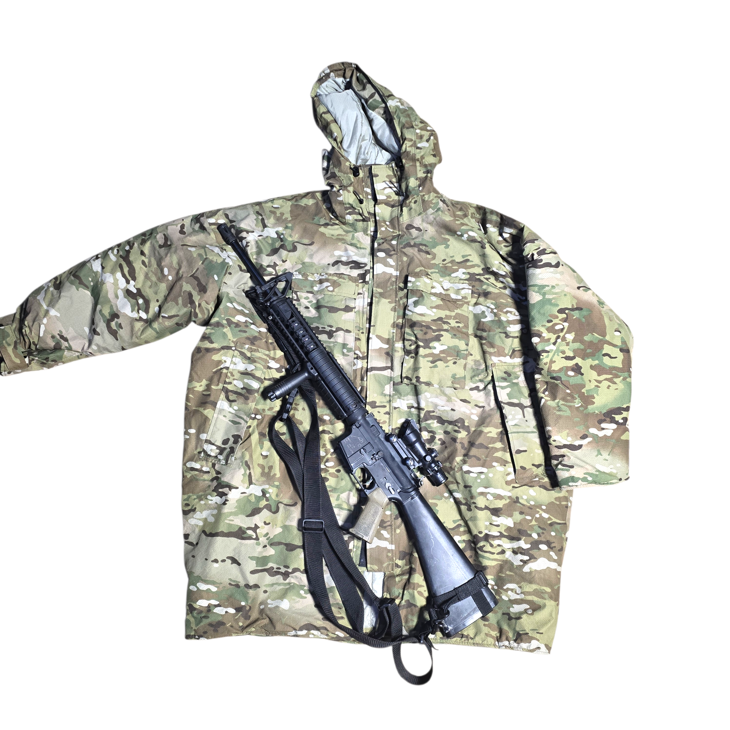 Army OCP FR ECWCS Aircrew Parka, also known as Linebacker Jacket, military-style camping and hiking outerwear with camouflage pattern.