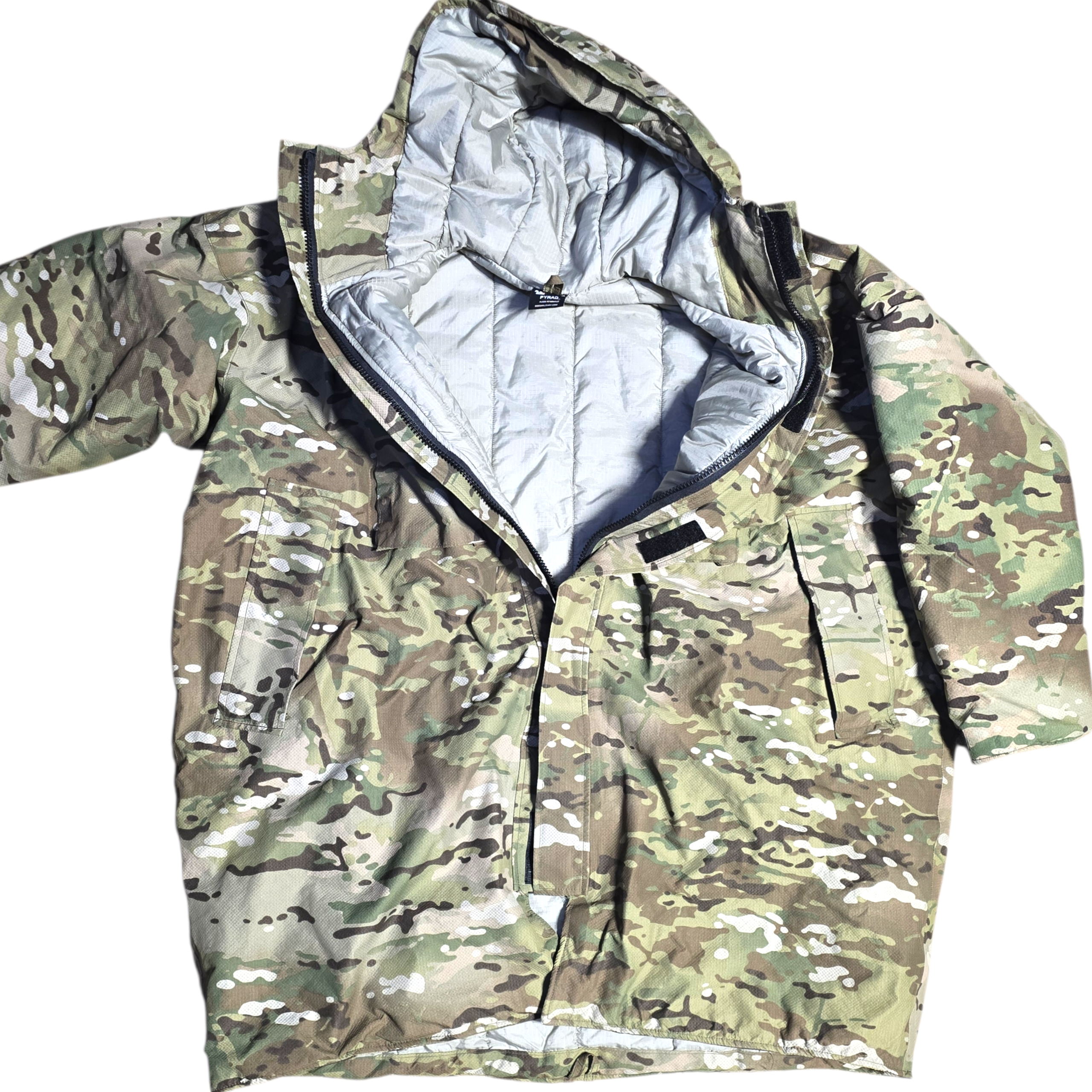 Army OCP FR ECWCS Aircrew Parka, also known as the Linebacker Jacket, in camouflage for camping and hiking adventures.