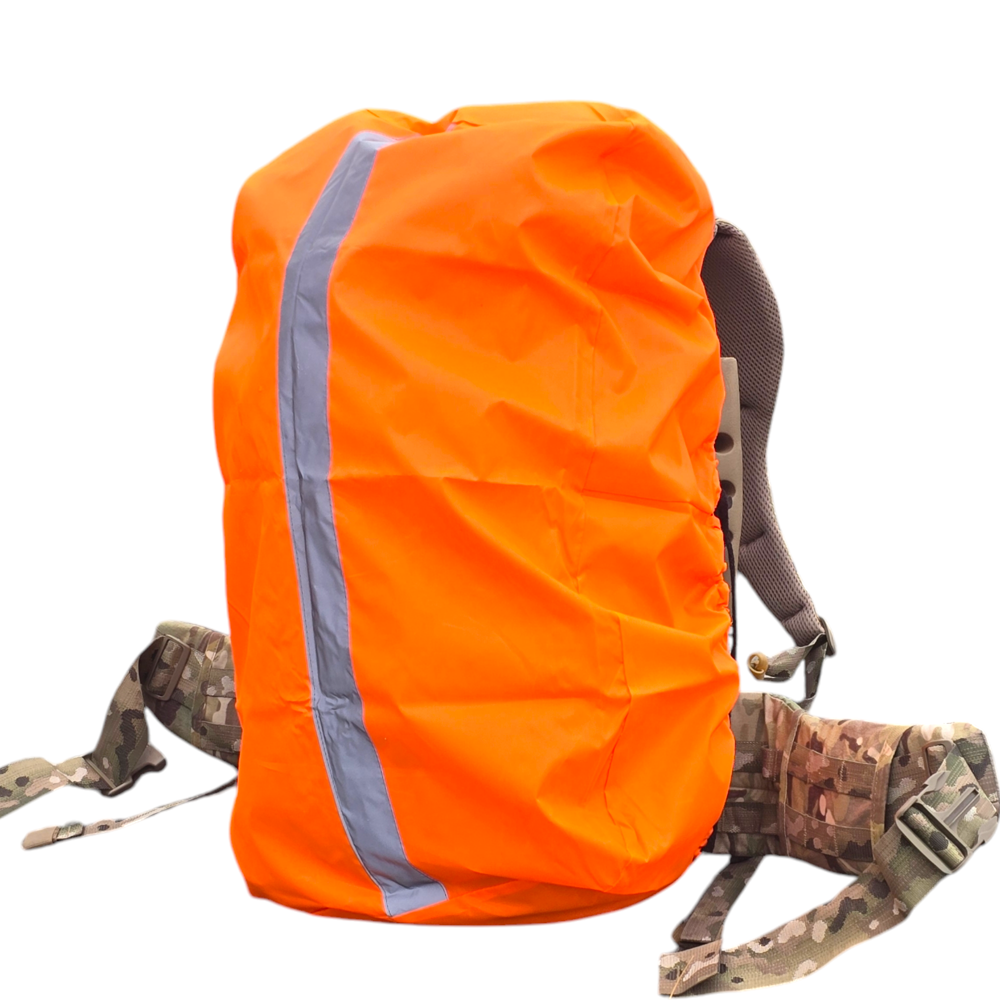 Blaze orange backpack cover with reflective stripe for camping and hiking, designed to protect backpacks outdoors.