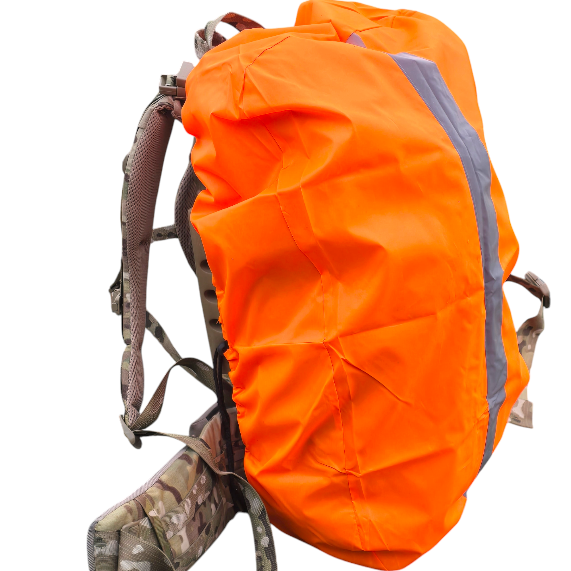 Blaze orange backpack cover with reflective stripe by onethiefsurplus, designed for camping and hiking gear protection.