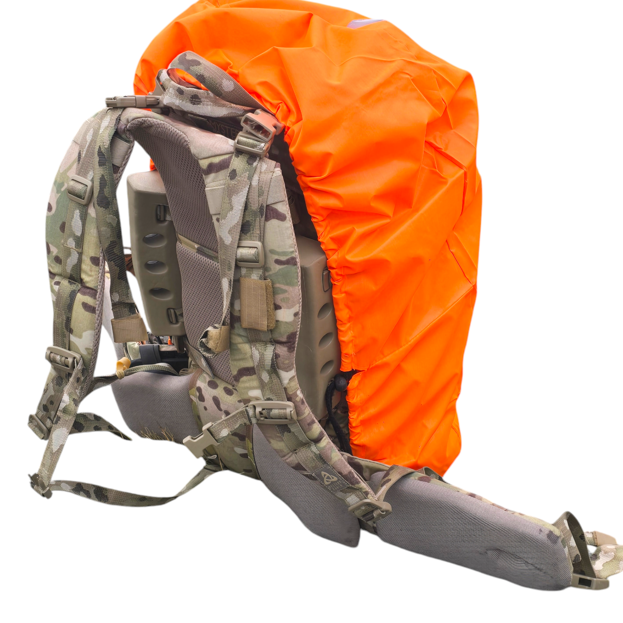 Blaze orange backpack cover with reflective stripe by onethiefsurplus, designed for camping and hiking protection.