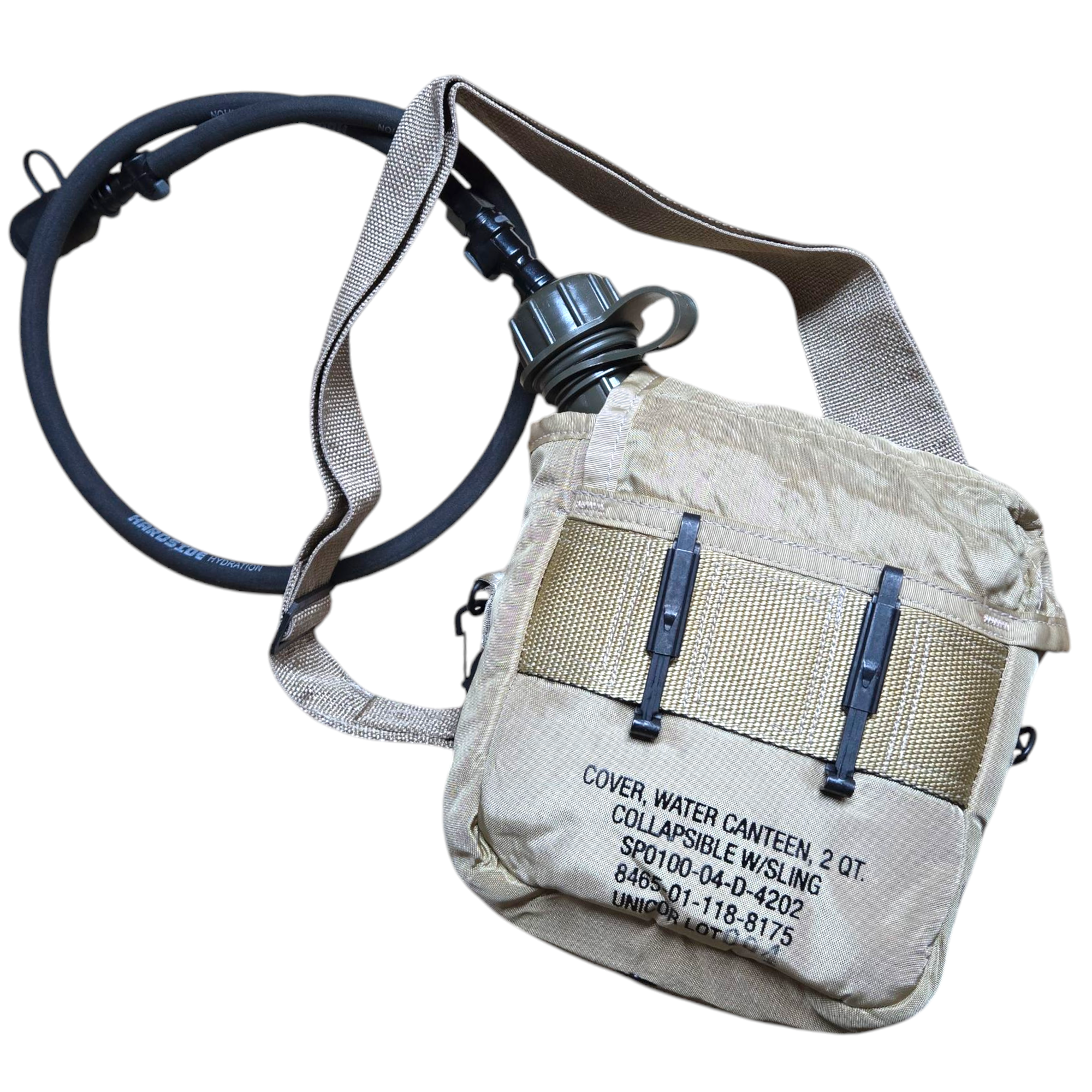 Desert tan Two Quart Canteen Cover with strap for camping and hiking, made by onethiefsurplus, designed for outdoor hydration.