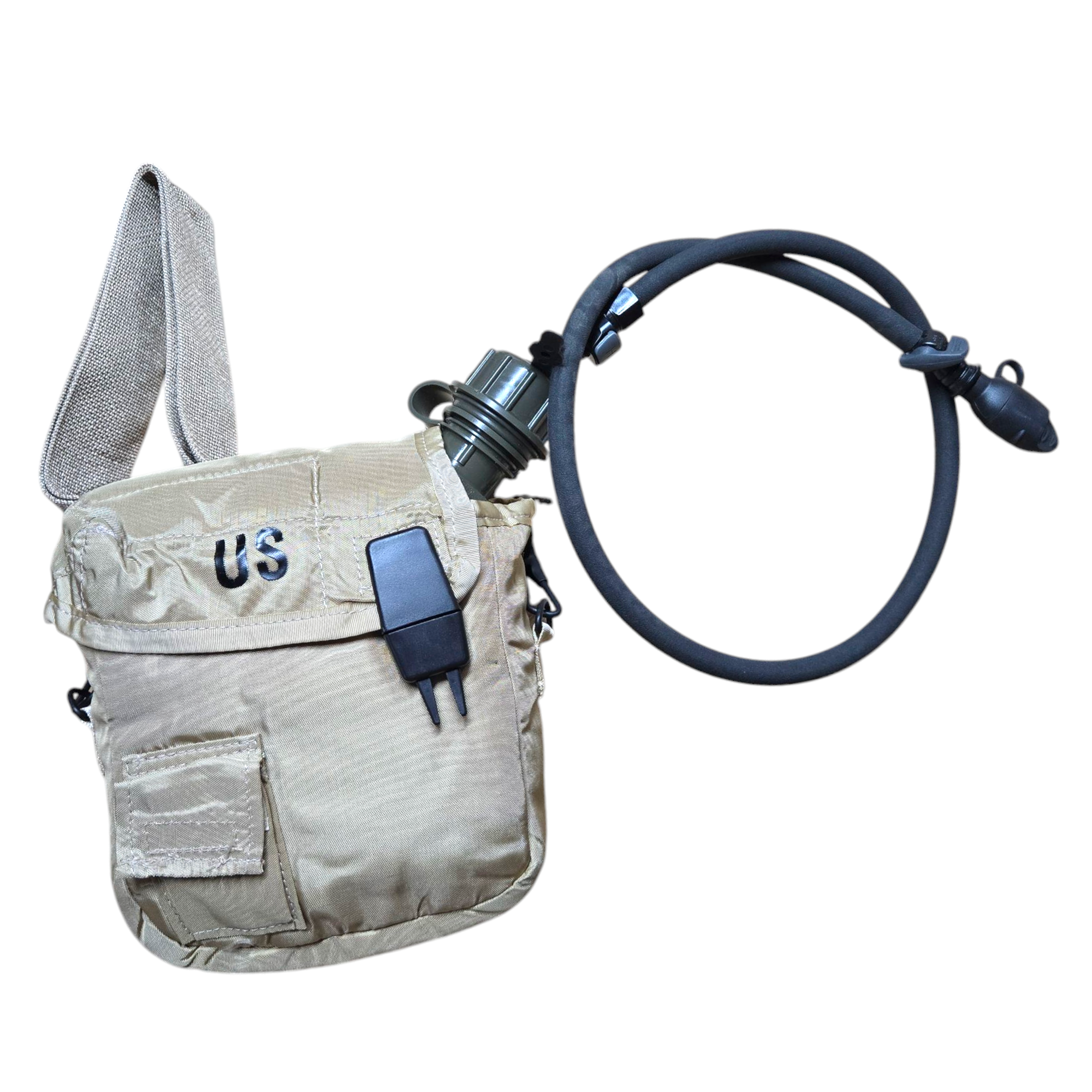 Desert tan two-quart camping and hiking canteen cover with adjustable strap by onethiefsurplus, designed for outdoor durability.