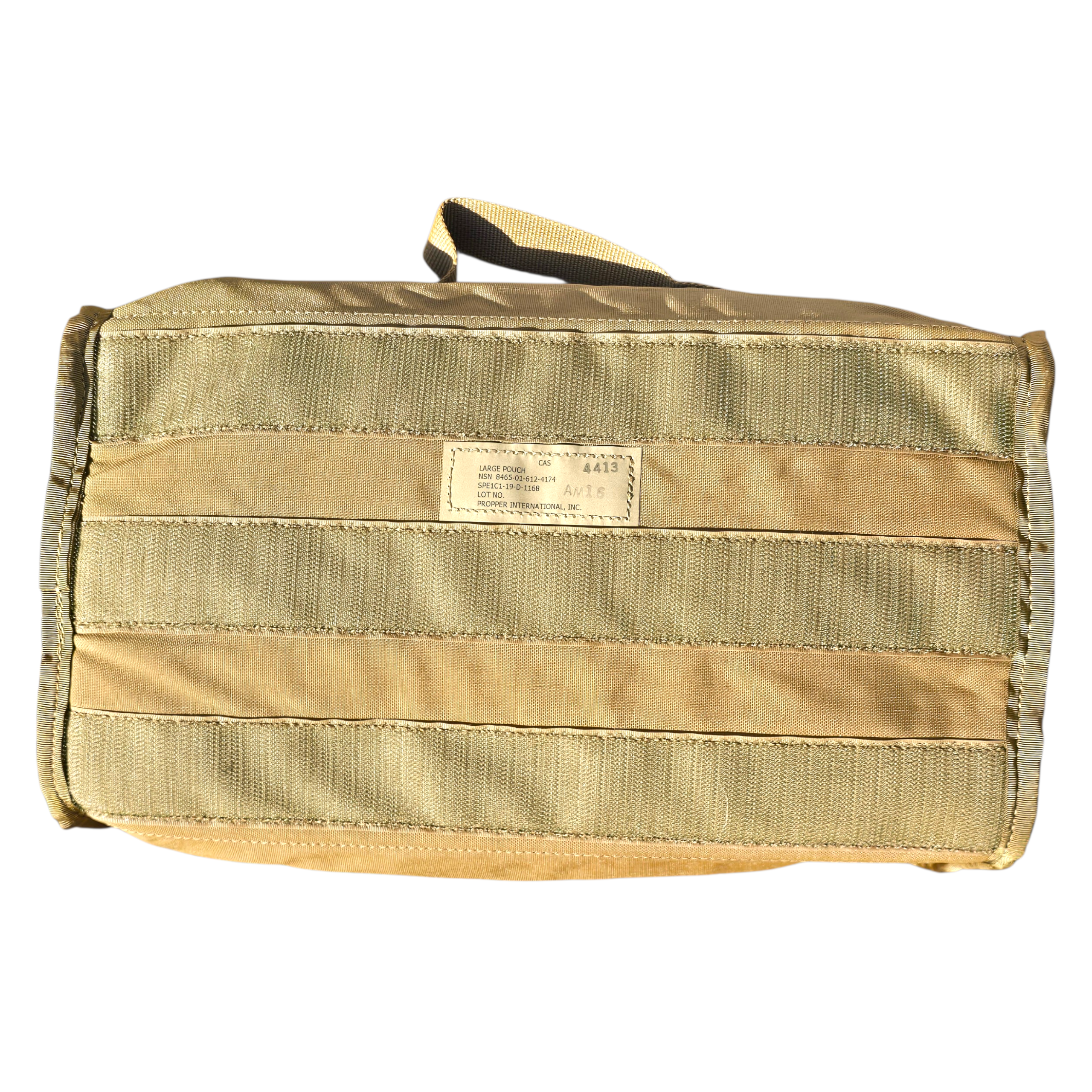 Large coyote hook-backed pouch by onethiefsurplus, ideal for camping and hiking, with durable design and secure hook closure.
