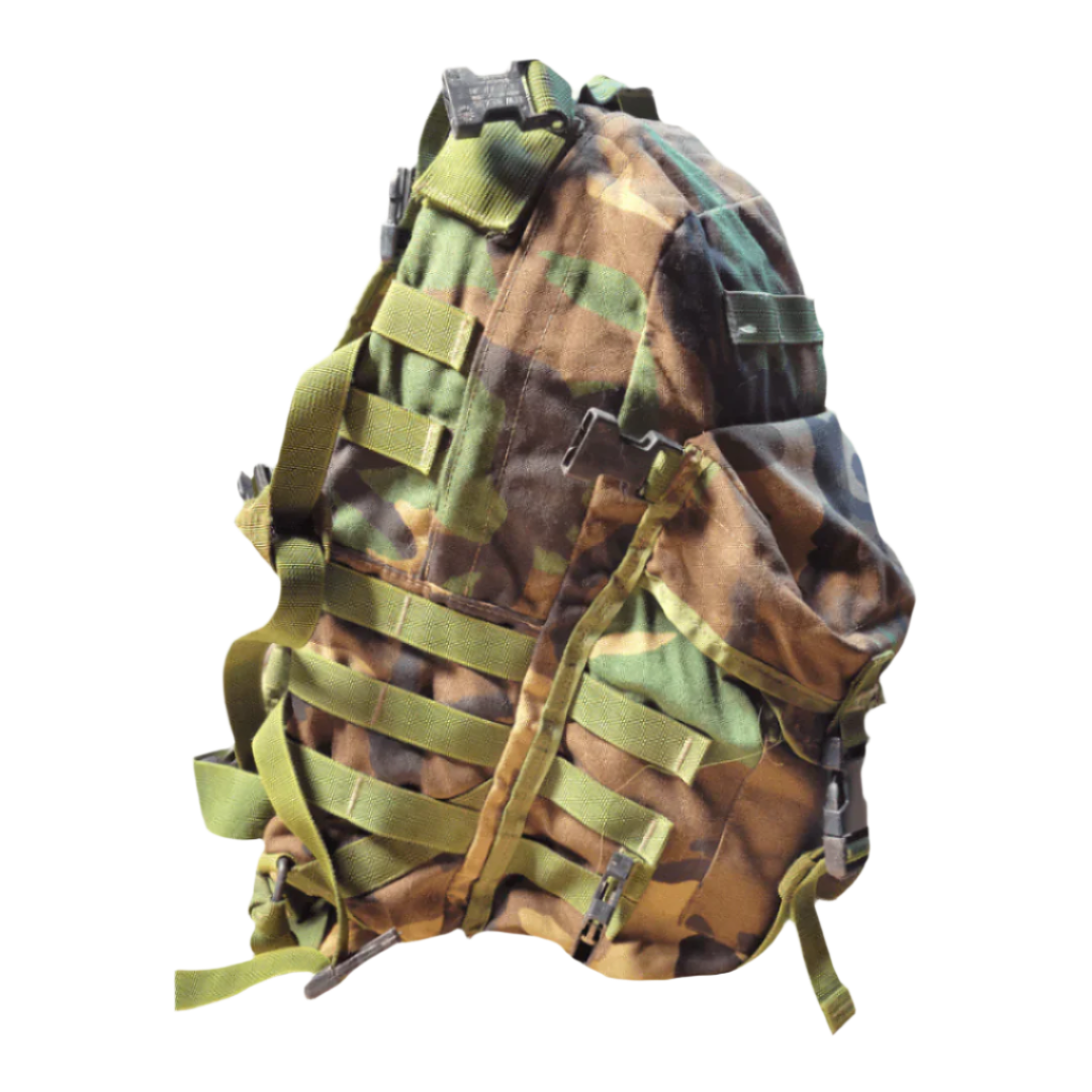 Onethiefsurplus MOLLE II Assault Pack in woodland camouflage, designed for camping and hiking with multiple compartments and durable straps.