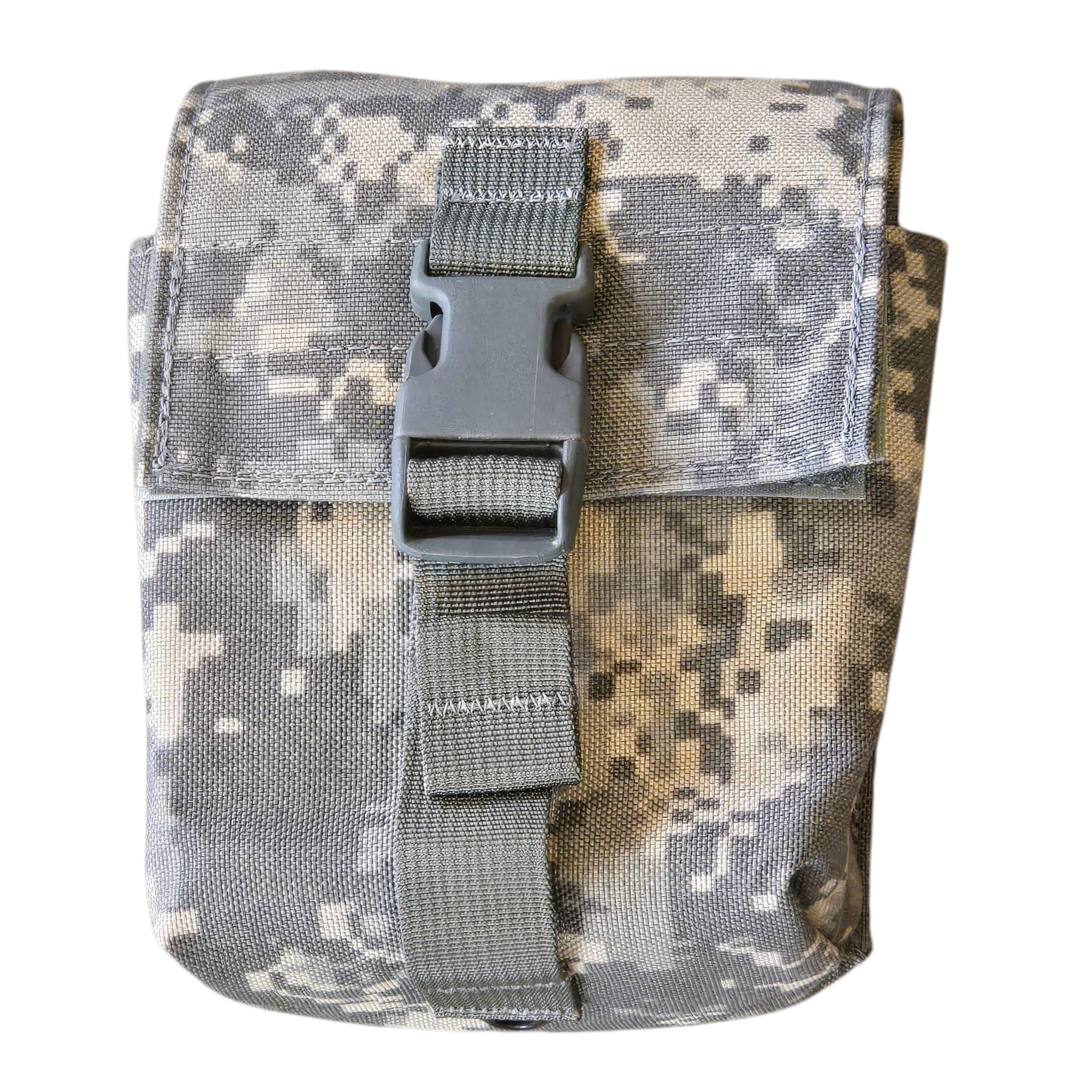 Onethiefsurplus saw pouch in UCP camo holding 100 and 200-round saw magazines, designed for camping and hiking gear storage.