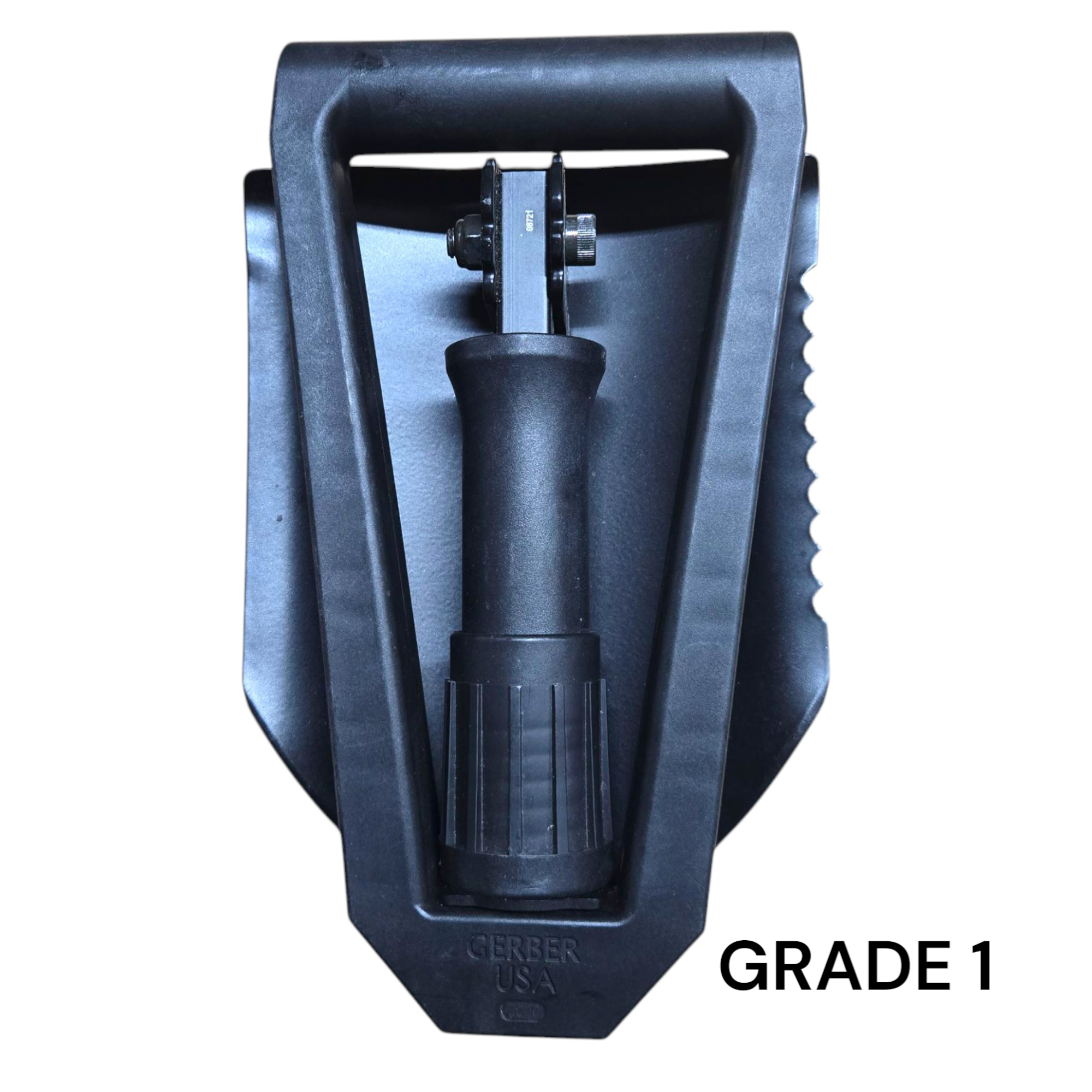 USMC Gerber 2000 entrenching tool for camping and hiking, shown with metal handle and compact folding design.