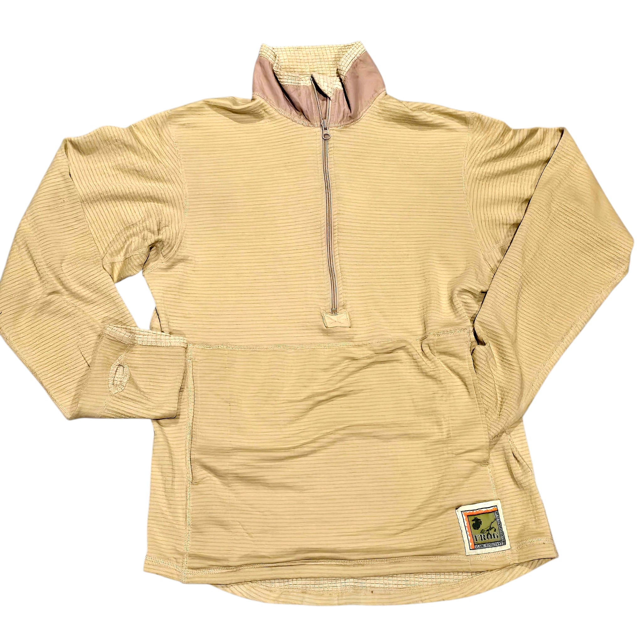 A beige ribbed long-sleeve quarter-zip pullover with a mock neck, laid flat on a white background. It features a small brand patch on the lower right hem.