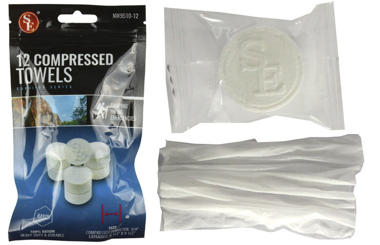 Compressed disposable towels from onethiefsurplus, compact and lightweight, shown in a package with 12 towels for convenient use.